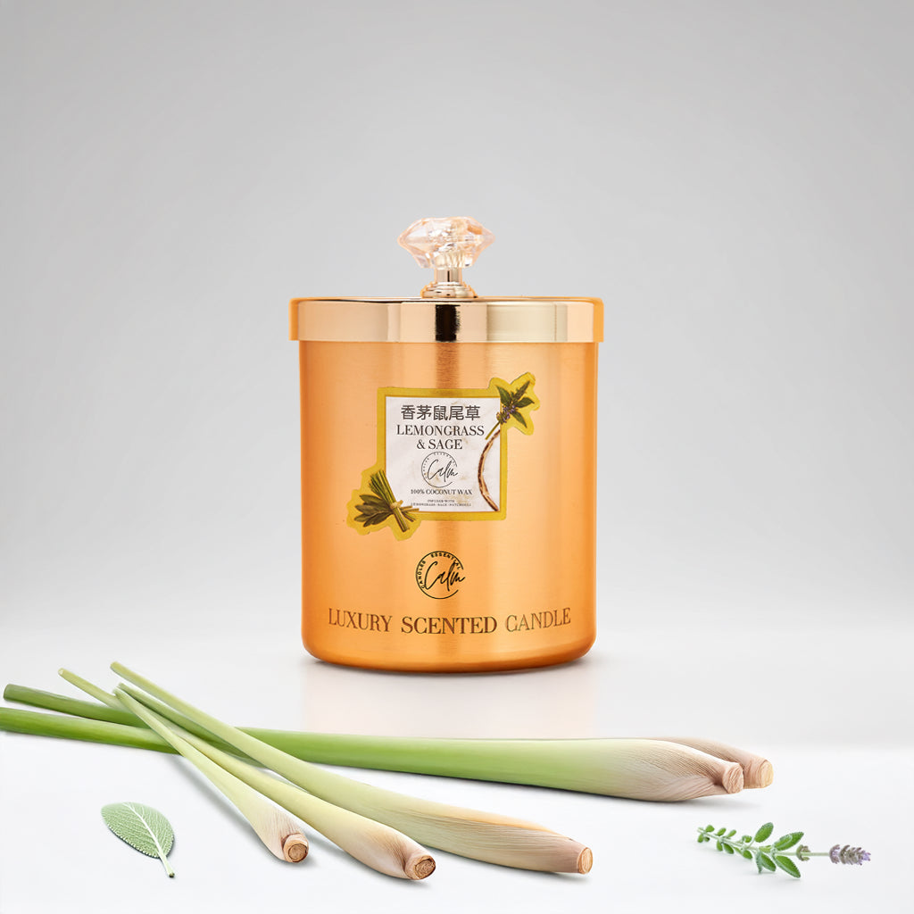 Lemongrass & Sage Gold Metal Candle Collection | Made with Premium Coconut Wax & Cherry Wooden Wick Up to 60+ hours burn - Calm Candles Essential