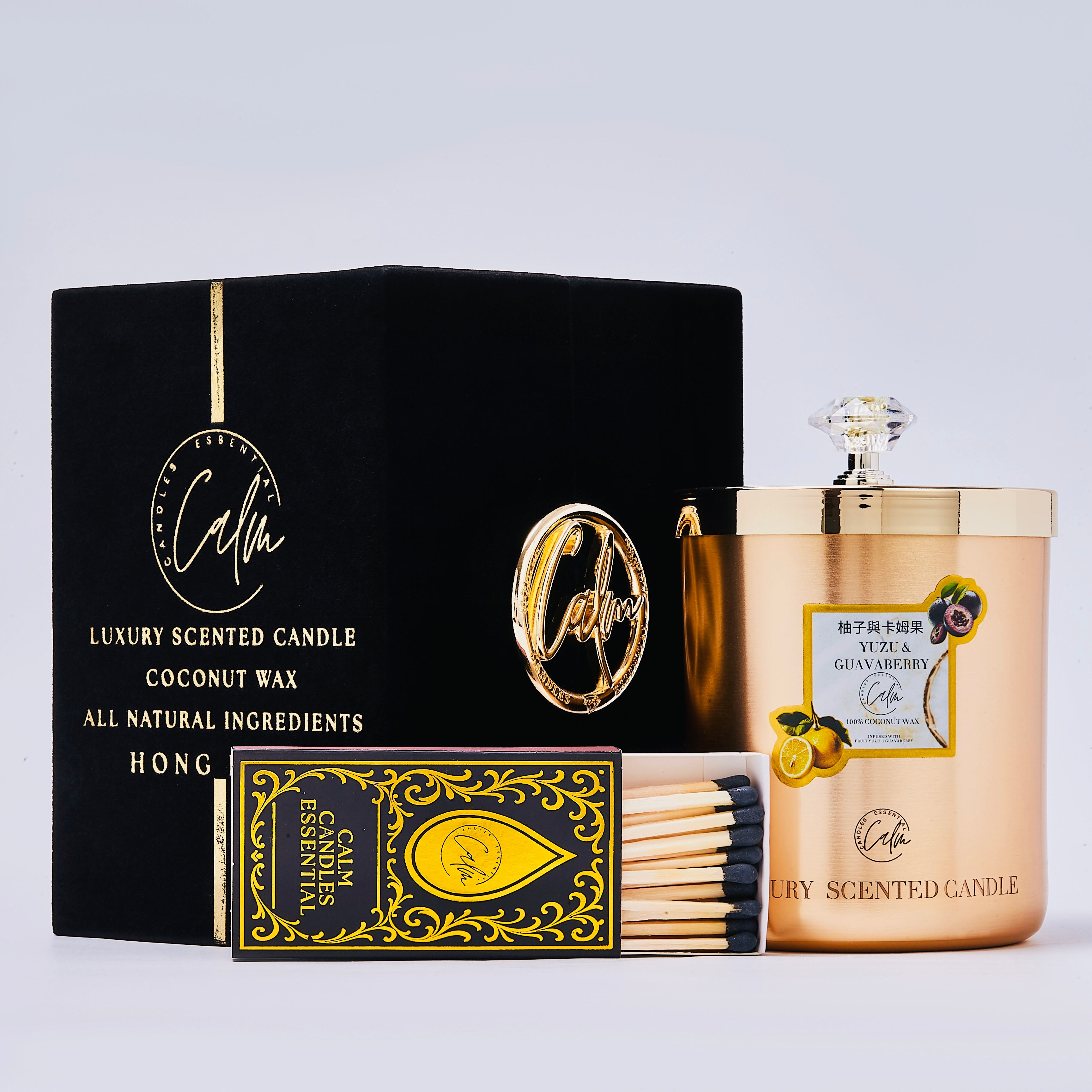 Yuzu & Guavaberry Gold Metal Candle Collection | Made with Premium Coconut Wax & Cherry Wooden Wick Up to 60+ hours burn - Calm Candles Essential