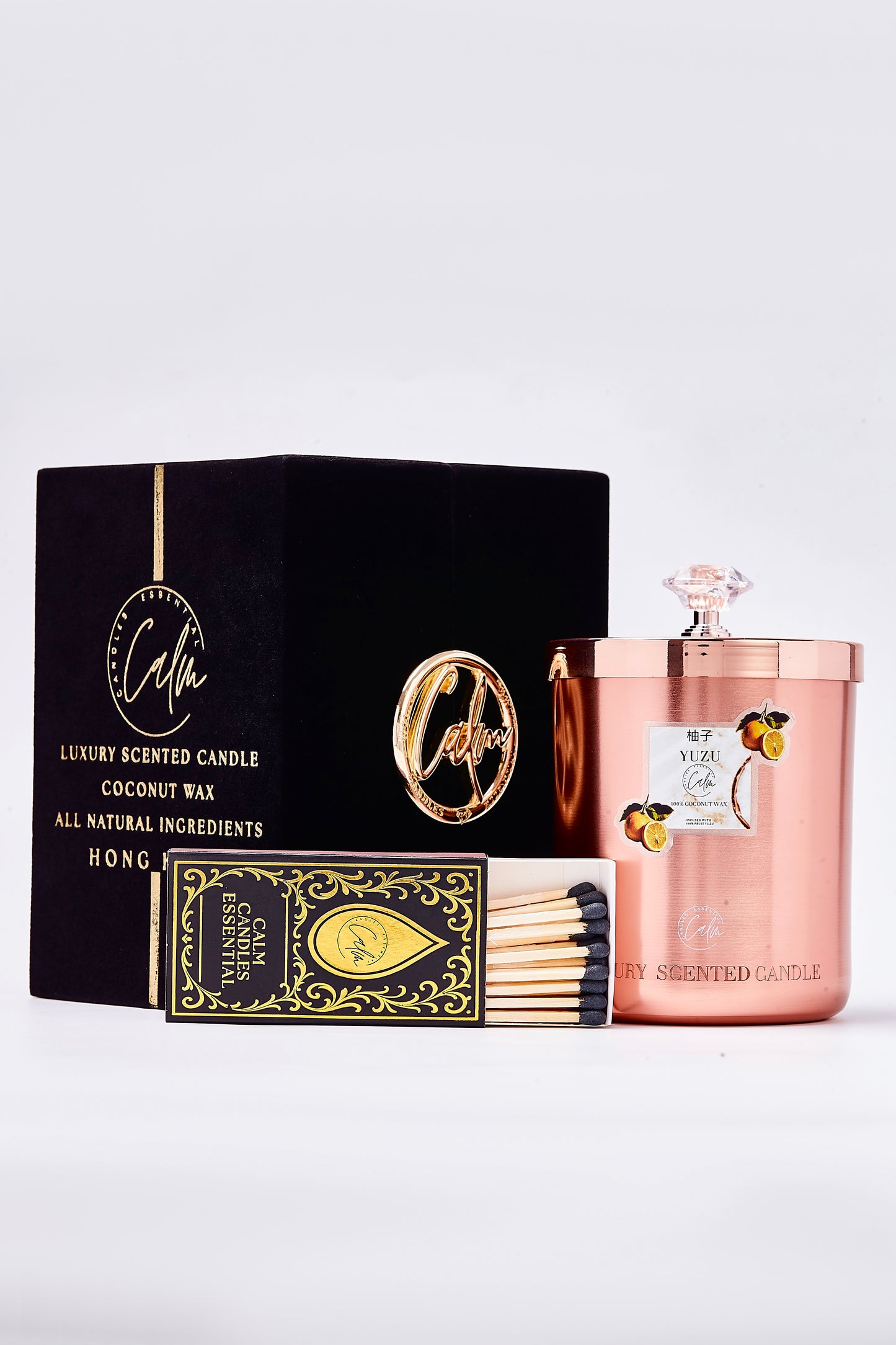 Calm Candles Essential – Yuzu Rose Gold Velvet Collection | Made with Premium Coconut Wax & Cherry Wooden Wick