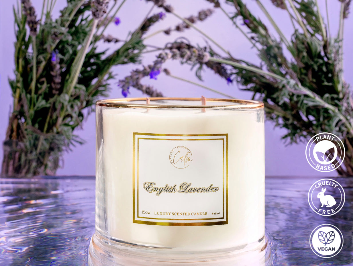 CALM CANDLES ESSENTIAL - English Lavender Wooden Wick Candle, Infused with Sage, Lavender, Fougère and Aroma Essential Oil, 15oz of Soy Wax