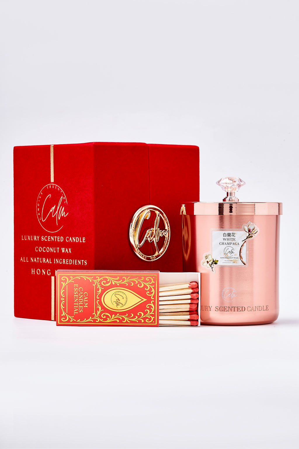 White Champaca Rose Gold Metallkerzen-Kollektion | Hergestellt mit hochwertigem Kokosnusswachs & Kirschholzdocht bis zu 60+ Stunden Brenndauer - Calm Candles Essential