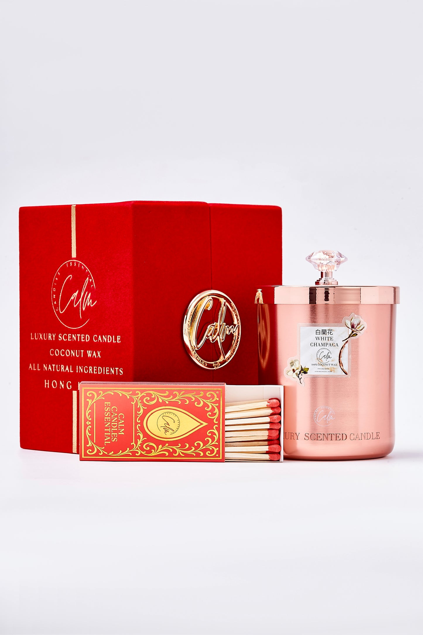 Calm Candles Essential – White Champaca Rose Gold Velvet Collection | Made with Premium Coconut Wax & Cherry Wooden Wick