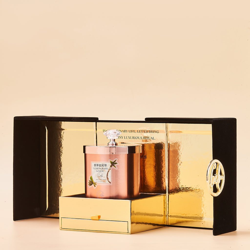 Zitronengras & Salbei Roségold Metallkerzen-Kollektion | Hergestellt mit hochwertigem Kokosnusswachs & Kirschholzdocht bis zu 60+ Stunden Brenndauer - Calm Candles Essential