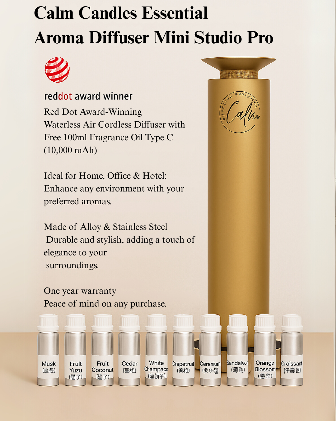 Calm Candles Essential Aroma Diffuser Mini Studio Pro:   Waterless Cordless Diffuser with Free 100ml Fragrance Oil - Type C (10,000 mah)
