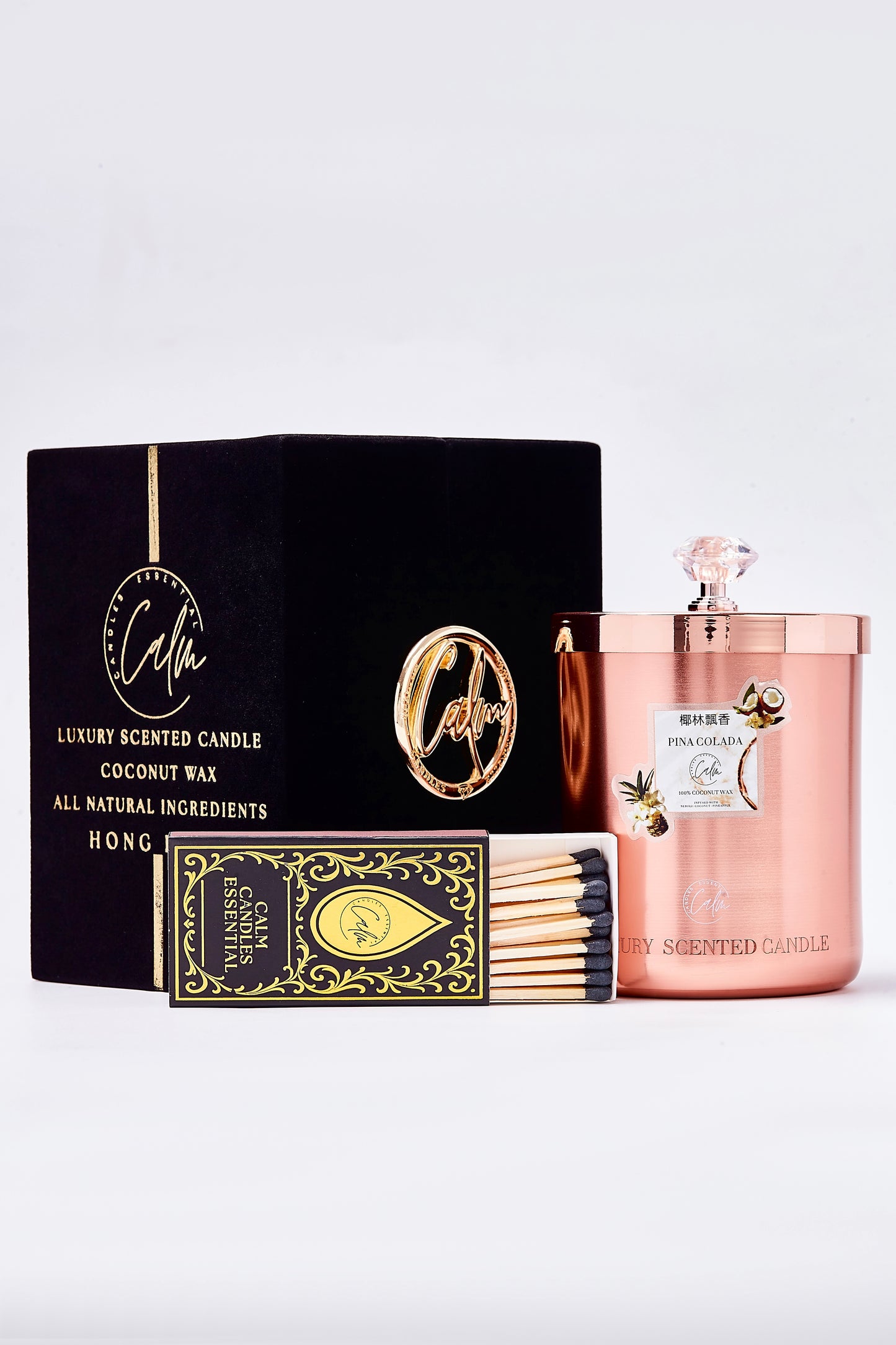 Calm Candles Essential – Piña Colada Rose Gold Velvet Collection |  Made with Premium Coconut Wax & Cherry Wooden Wick
