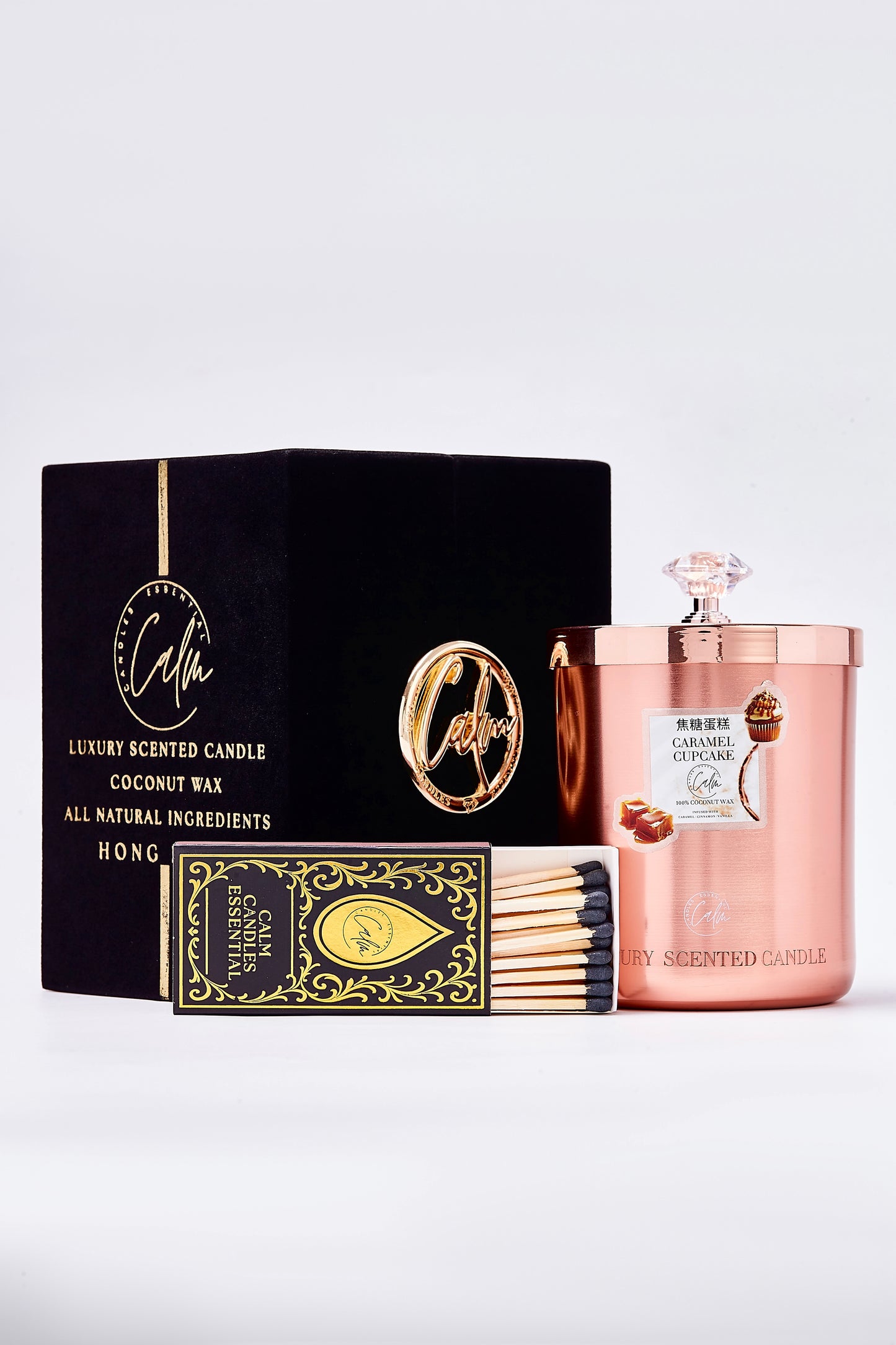Calm Candles Essential – Caramel Cupcake Rose Gold Velvet Collection | Made with Premium Coconut Wax & Cherry Wooden Wick