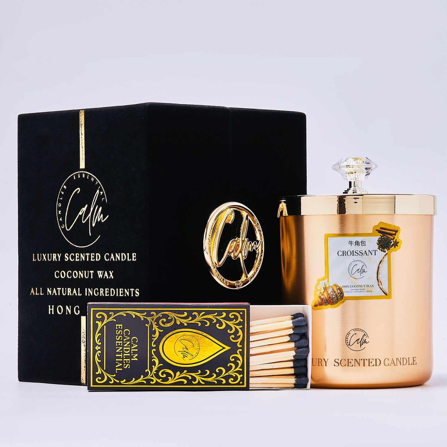 Calm Candles Essential – Croissant Gold Velvet Collection | Made with Premium Coconut Wax & Cherry Wooden Wick