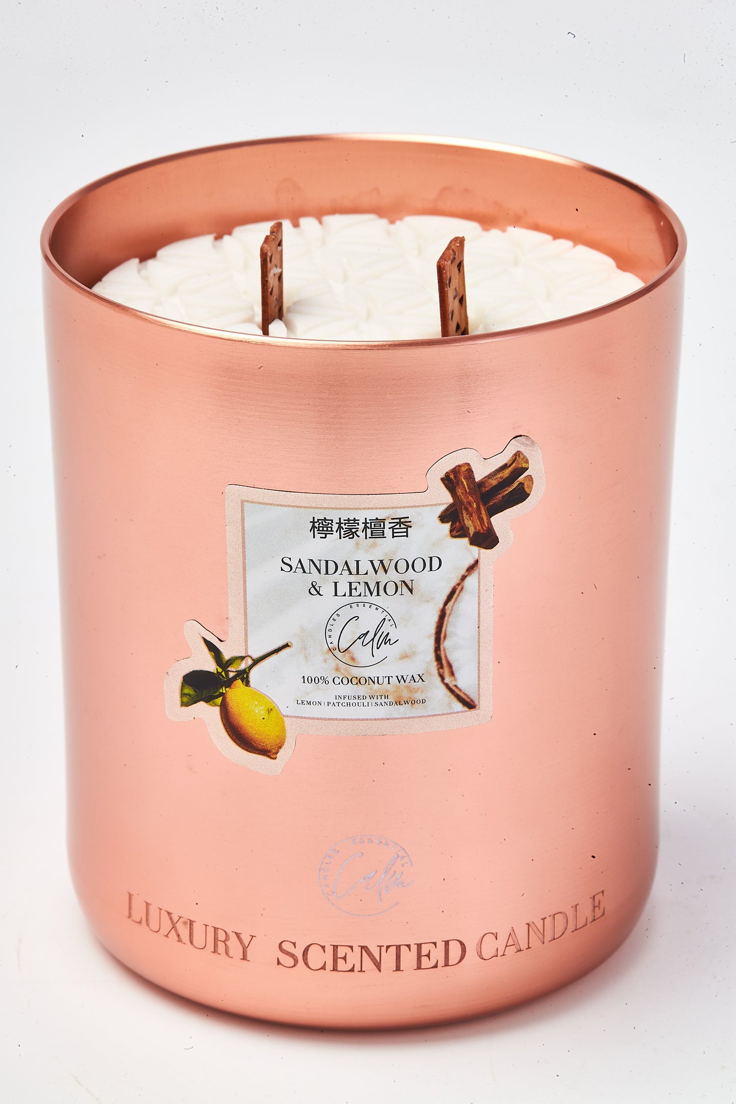 Calm Candles Essential – Sandalwood & Lemon Metal Gold Velvet Collection  | Made with Premium Coconut Wax & Cherry Wooden Wick