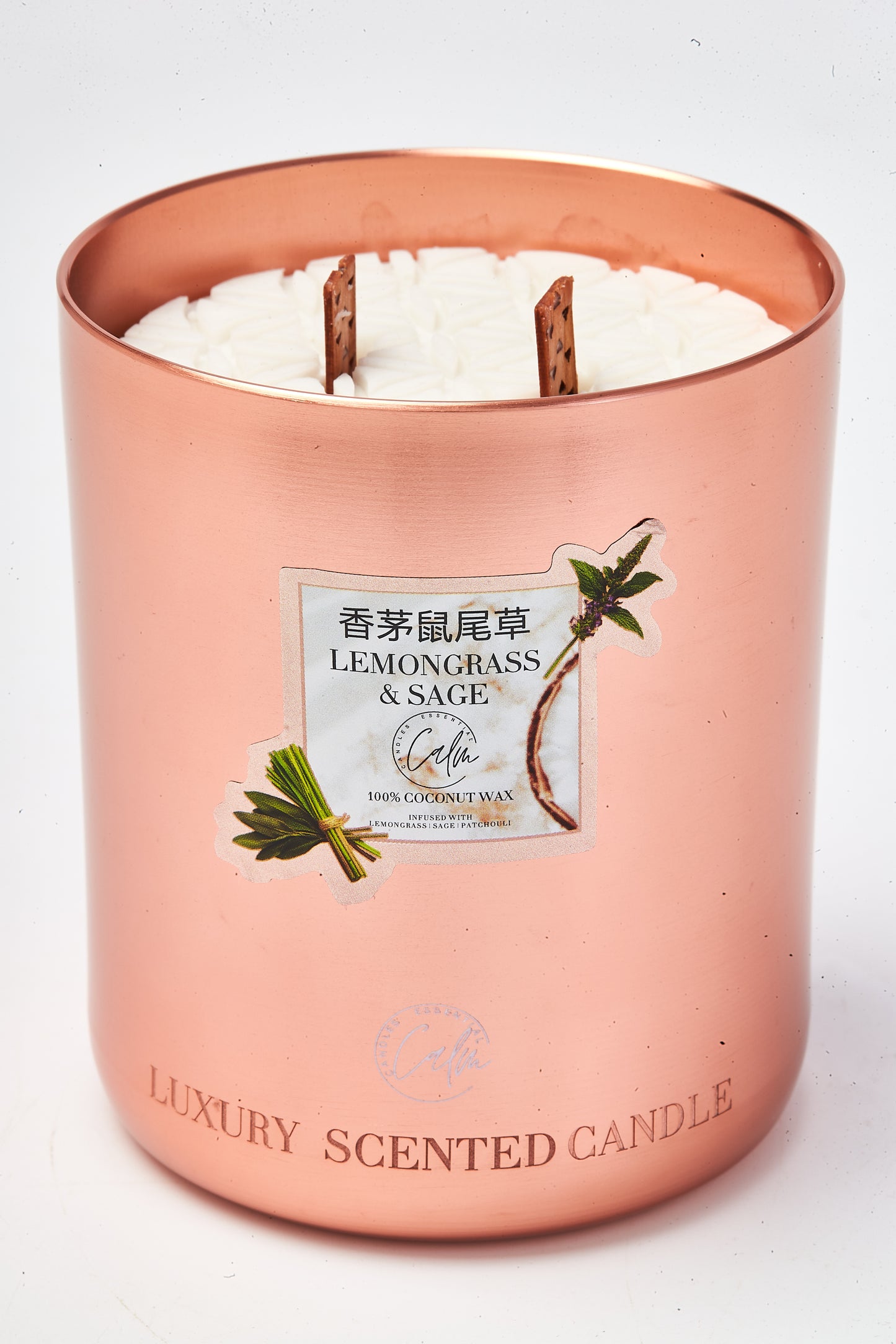 Calm Candles Essential – Lemongrass & Sage Rose Gold Metal Velvet Collection | Made with Premium Coconut Wax & Cherry Wooden Wick