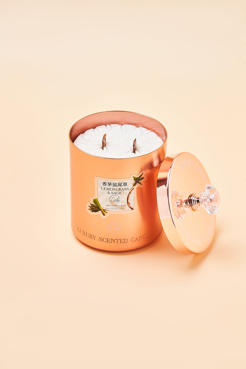 Zitronengras & Salbei Roségold Metallkerzen-Kollektion | Hergestellt mit hochwertigem Kokosnusswachs & Kirschholzdocht bis zu 60+ Stunden Brenndauer - Calm Candles Essential