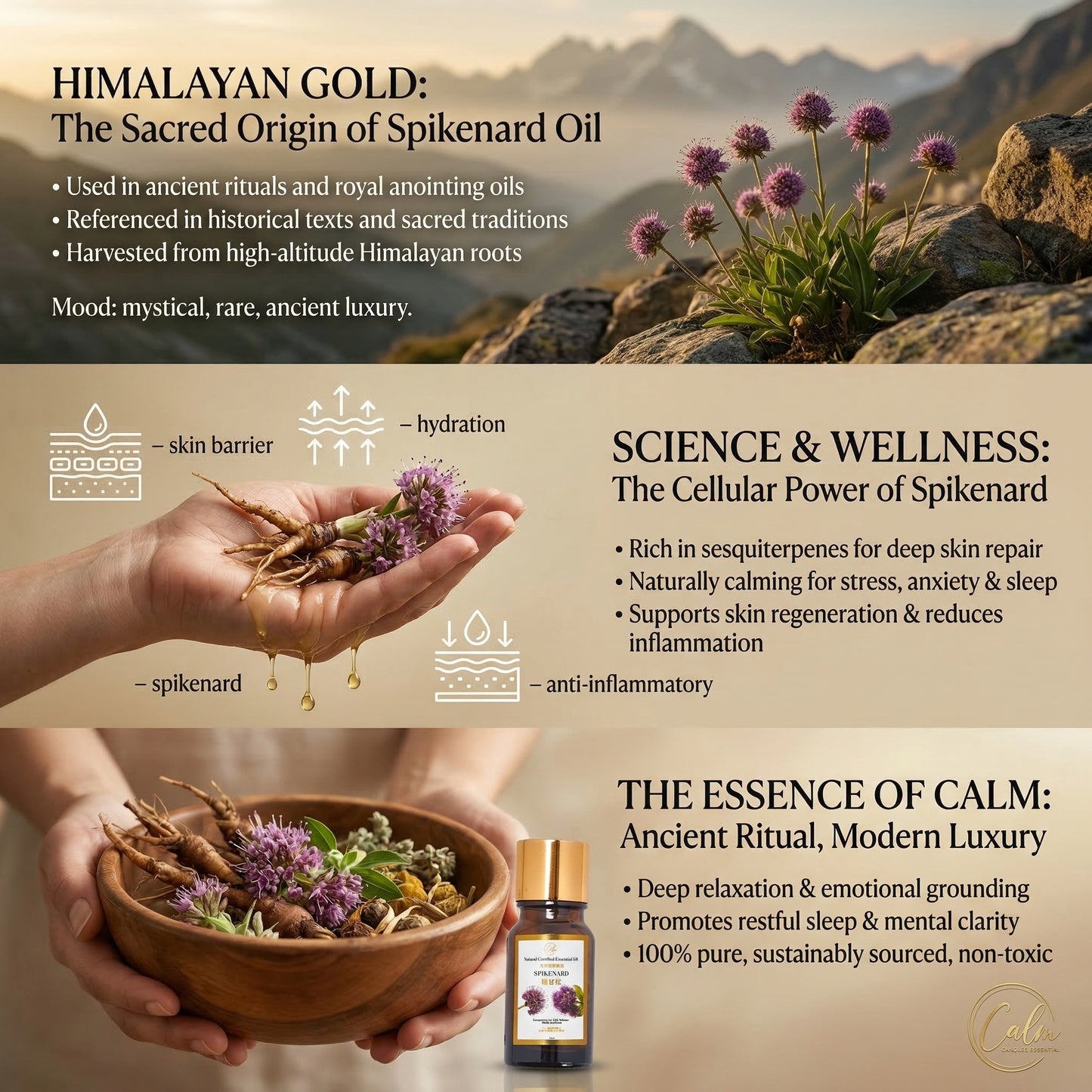 Calm Candles Essential – Spikenard Certified Organic, Undiluted, Natural Essential Oil – Grounding, Calming & Restorative Aromatherapy |  Promote Deep Relaxation, Emotional Balance & Skin Wellness – 10ml
