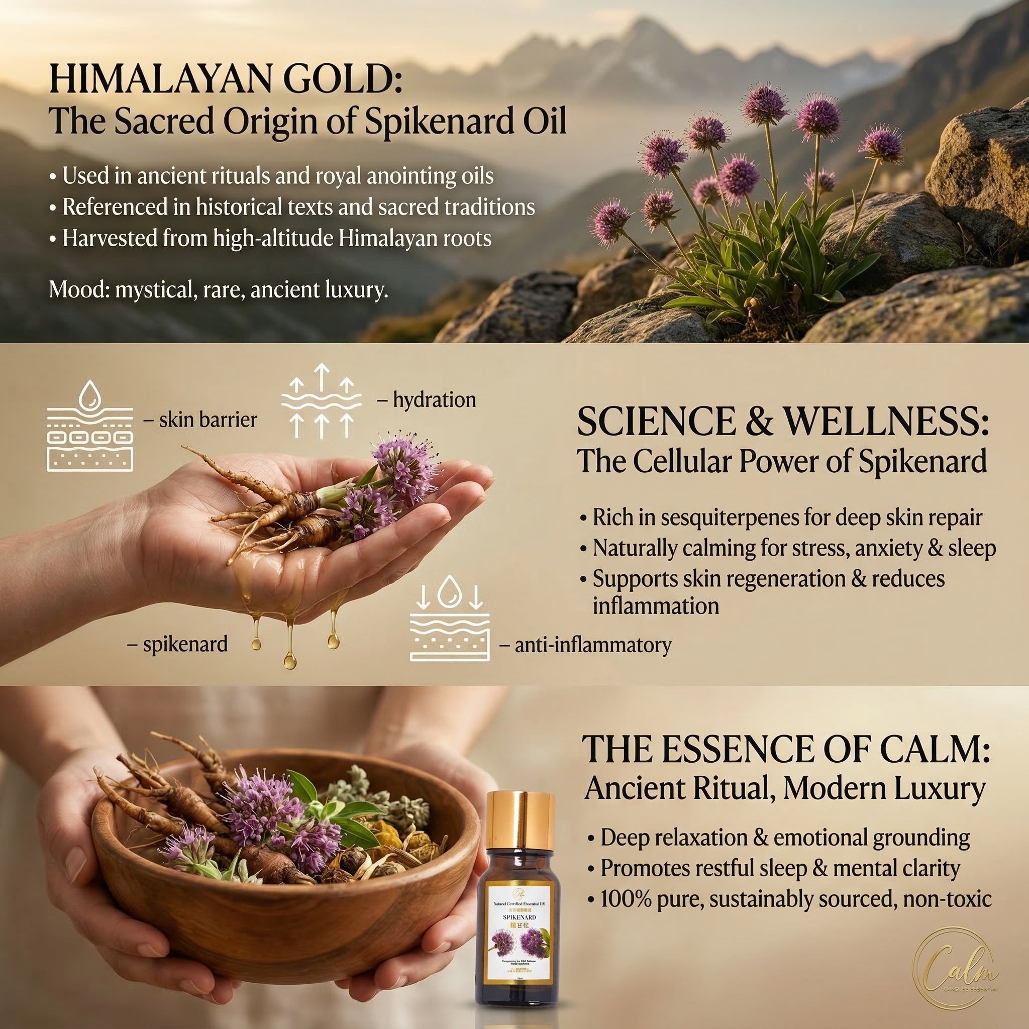 Calm Candles Essential – Spikenard Certified Organic, Undiluted, Natural Essential Oil – Grounding, Calming & Restorative Aromatherapy |  Promote Deep Relaxation, Emotional Balance & Skin Wellness – 10ml