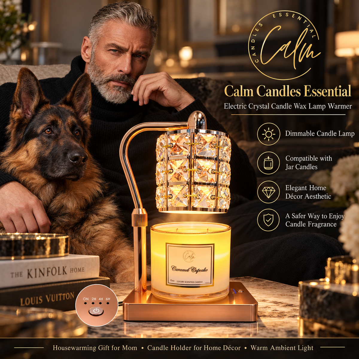 Calm Candles Essential - Elektrische Kristallkerzenwachswärmer, Einweihungsgeschenk für Mama, dimmbare Kerzenlampe, kompatibel mit Glaskerzen, Kerzenhalter für ästhetische Wohnkultur