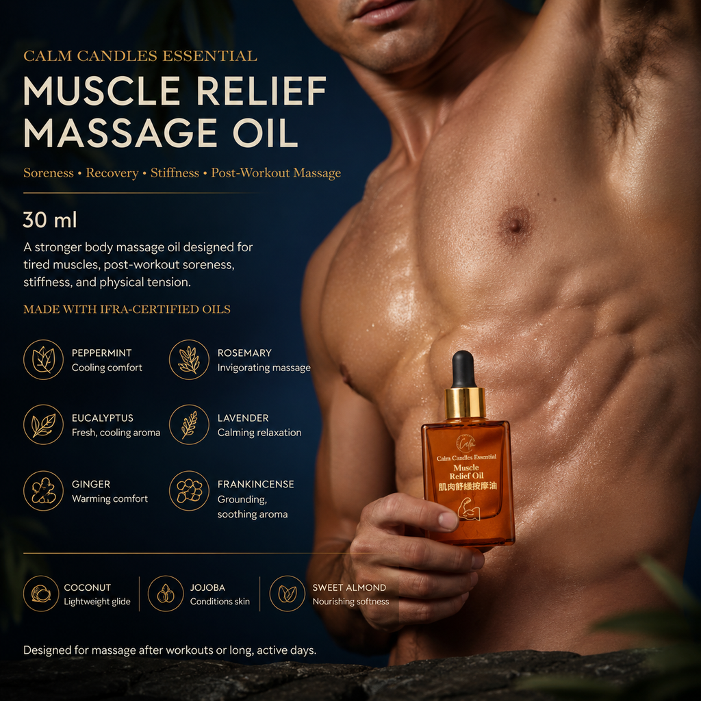 A man holding a bottle of Calm Candles Essential Muscle Relief Massage Oil against a dark blue background with product text and ingredient icons.
