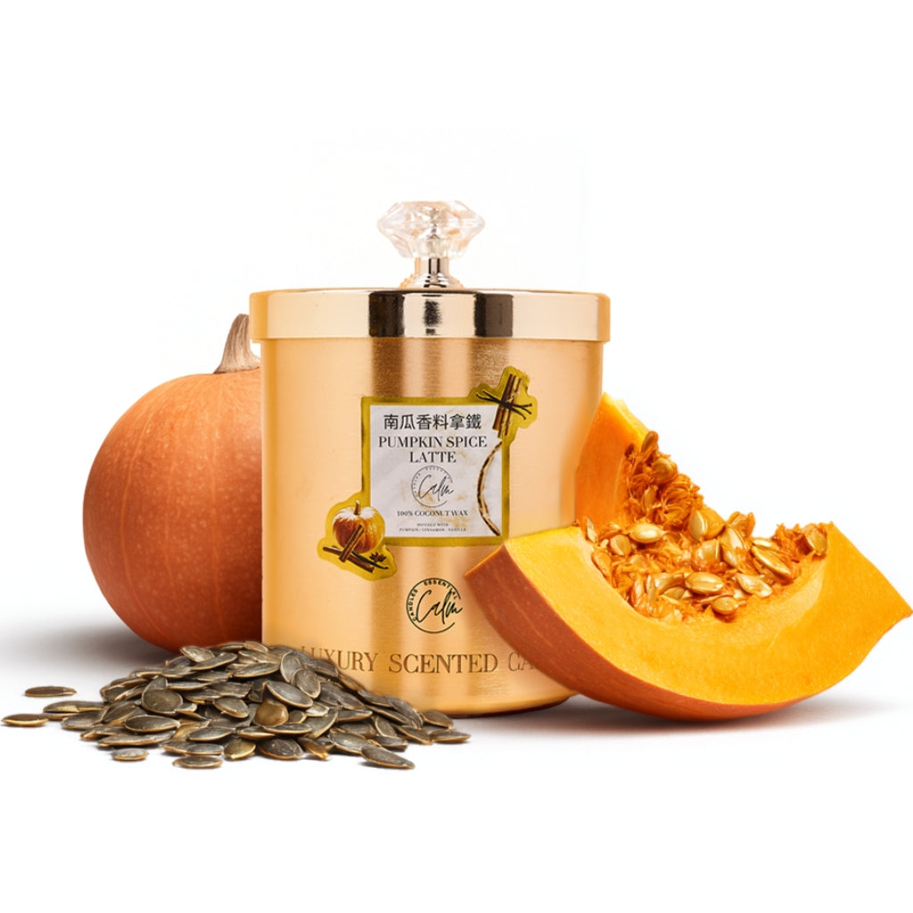 Calm Candles Essential – Pumpkin Spice Latte Gold Velvet Collection | Made with Premium Coconut Wax & Cherry Wooden Wick