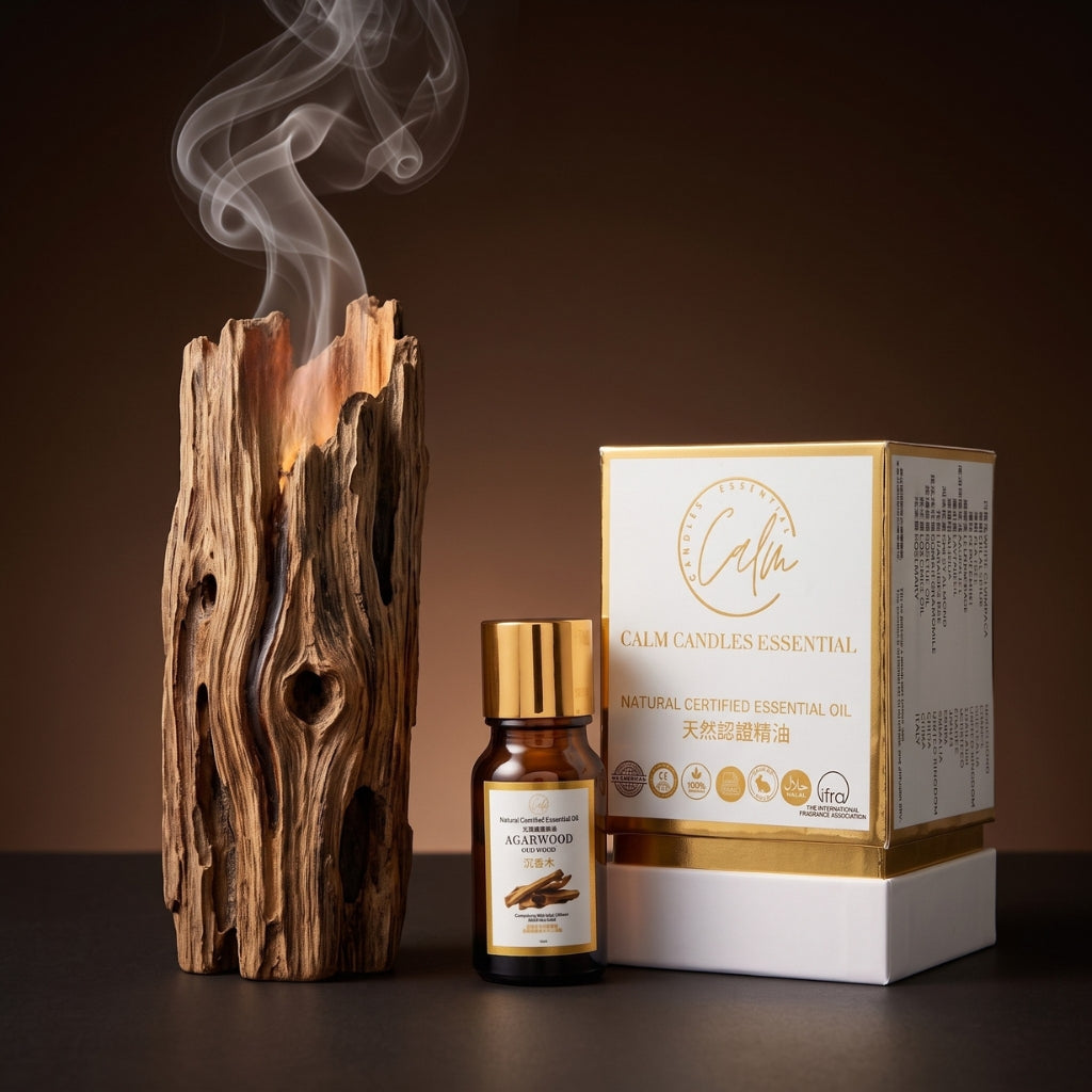 Calm Candles Essential – Oudholz, zertifiziert biologisch, unverdünnt, natürliches ätherisches Öl – Heilende, reine und erfrischende Aromatherapie – Klare Sinne, zertifizierte Qualität für ganzheitliches Wohlbefinden und Unterstützung der Atemwege – 10 ml