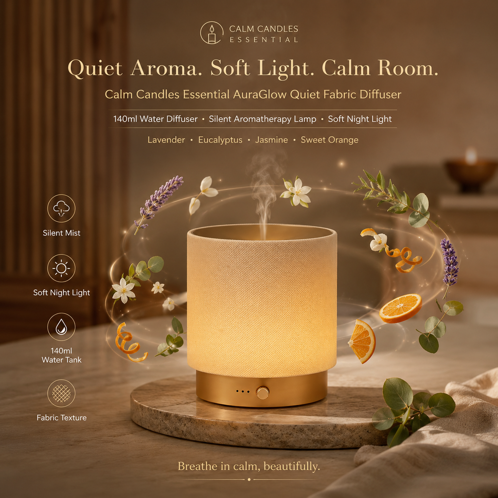 AuraGlow Leiser Stoff Wasser Diffuser 140ml – Stille Aromatherapie Lampe mit Sanftem Nachtlicht, Inklusive Süßorange & Lavendel Ätherisches Öl Duo, Perfekt für Zuhause, Büro & Yoga Räume (Gold)
