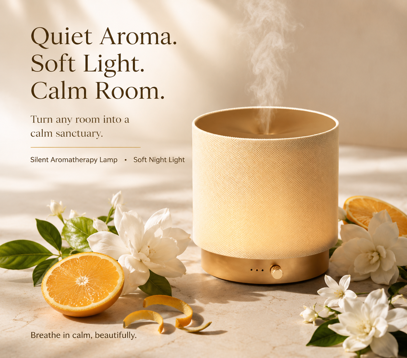 AuraGlow Leiser Stoff Wasser Diffuser 140ml – Stille Aromatherapie Lampe mit Sanftem Nachtlicht, Inklusive Süßorange & Lavendel Ätherisches Öl Duo, Perfekt für Zuhause, Büro & Yoga Räume (Gold)