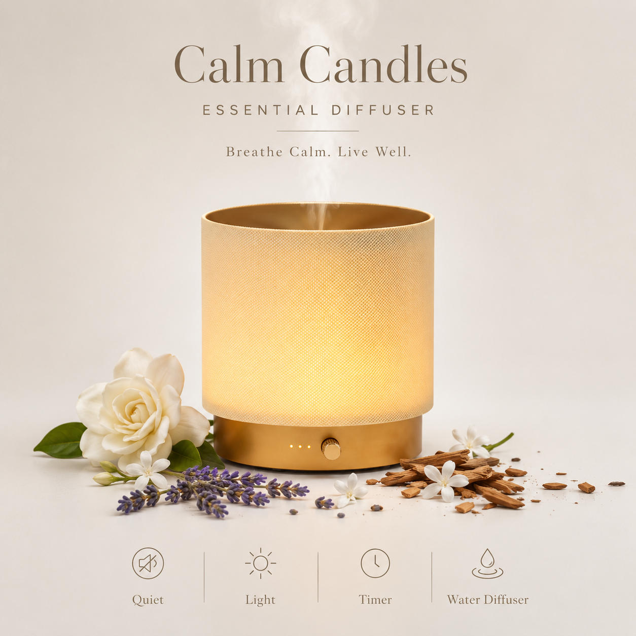 AuraGlow Quiet Fabric 140ml Water Diffuser –  Silent Aromatherapy Lamp with Soft Night Light, Includes Sweet Orange & Lavender Essential Oil Duo, Perfect for Home, Office & Yoga Spaces (Gold)