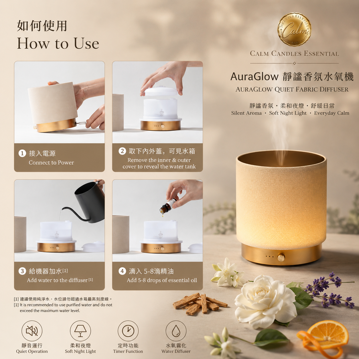 AuraGlow Leiser Stoff Wasser Diffuser 140ml – Stille Aromatherapie Lampe mit Sanftem Nachtlicht, Inklusive Süßorange & Lavendel Ätherisches Öl Duo, Perfekt für Zuhause, Büro & Yoga Räume (Gold)