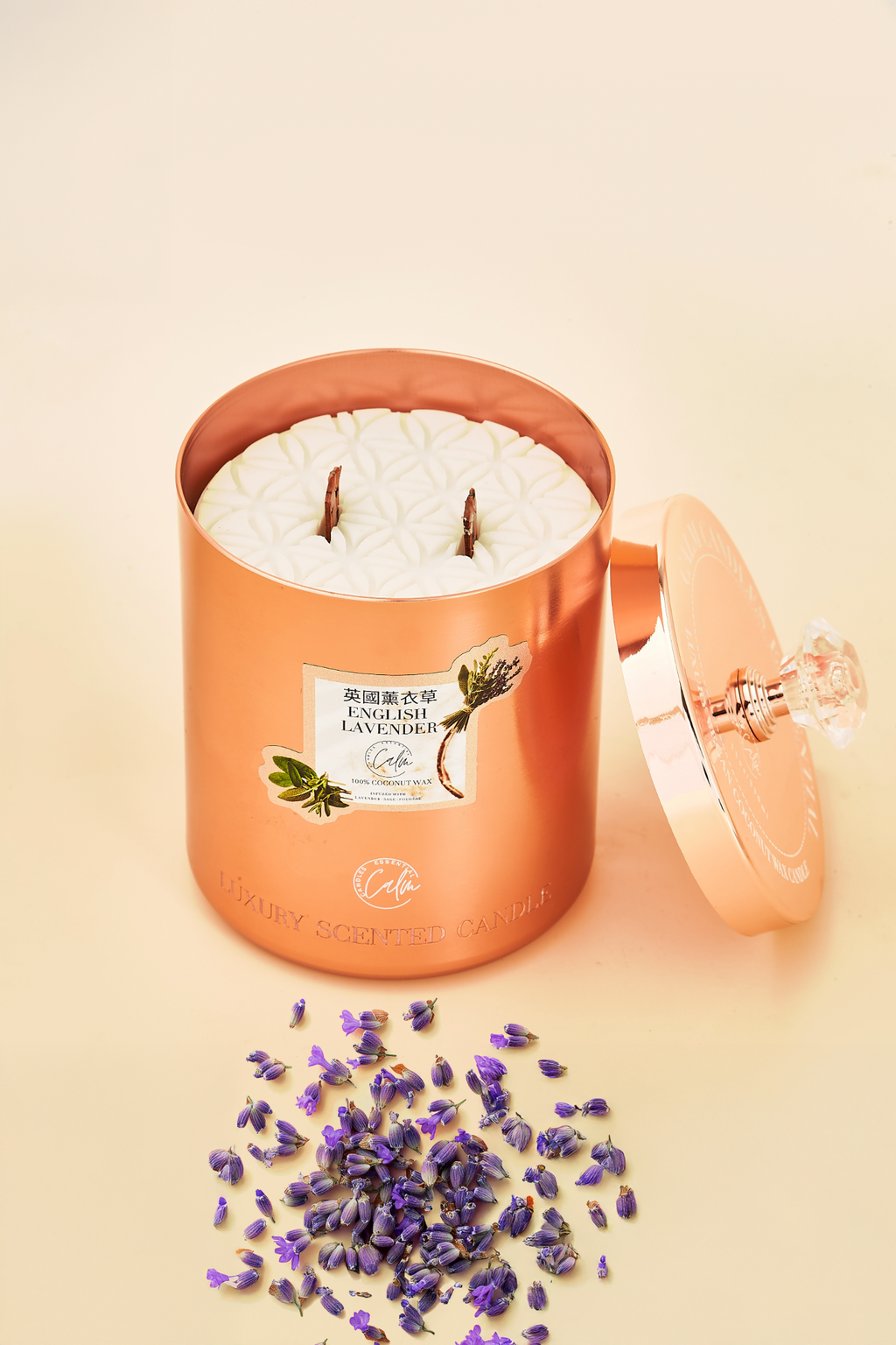 Englische Lavendel Roségold Metall Kerzenkollektion | Hergestellt mit Premium-Kokoswachs & Kirschholzdocht bis zu 60+ Stunden Brenndauer – Ruhige Kerzen Essentiell
