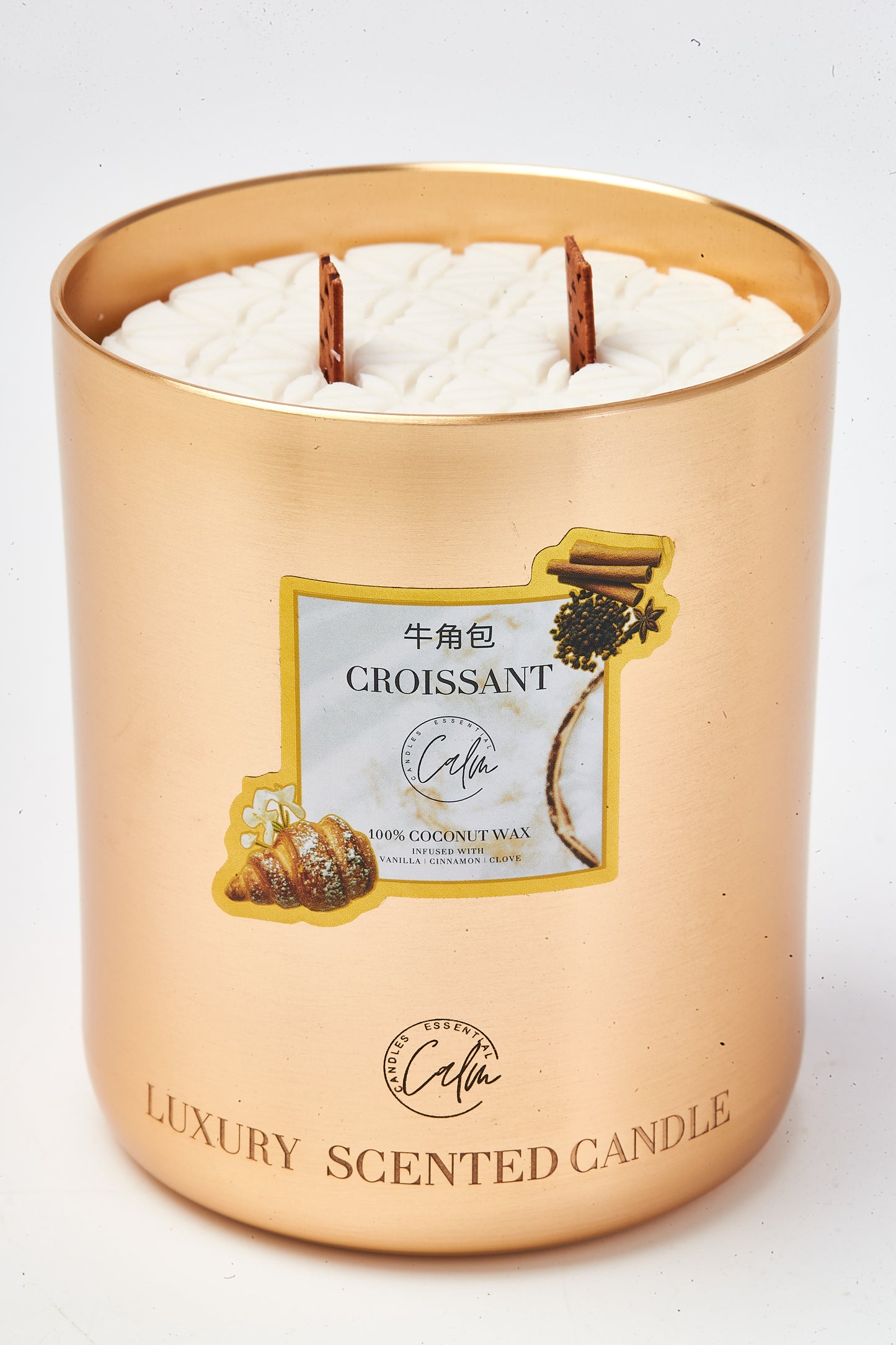 Calm Candles Essential – Croissant Gold Velvet Collection | Made with Premium Coconut Wax & Cherry Wooden Wick