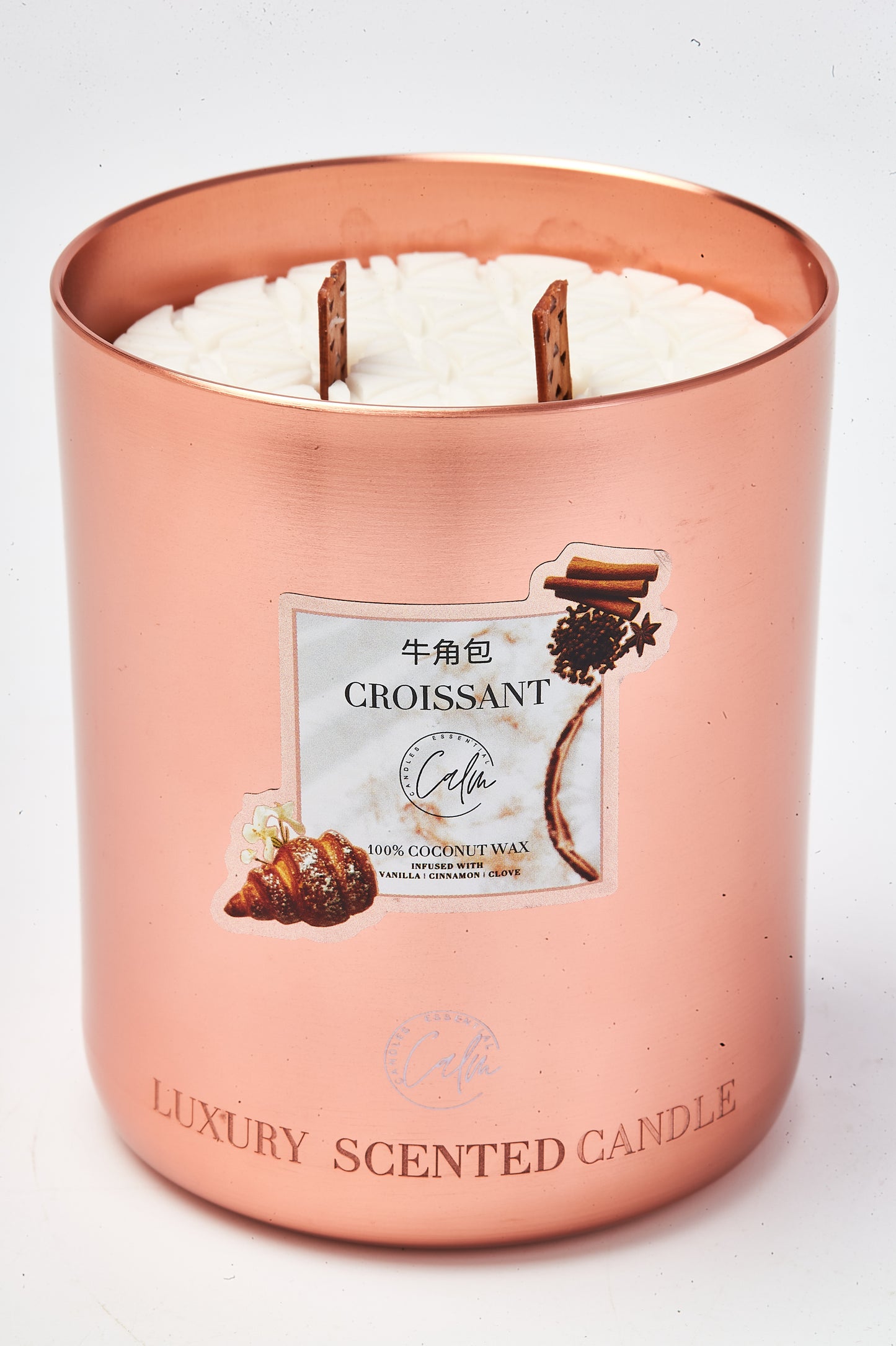 Calm Candles Essential – Croissant Gold Velvet Collection | Made with Premium Coconut Wax & Cherry Wooden Wick