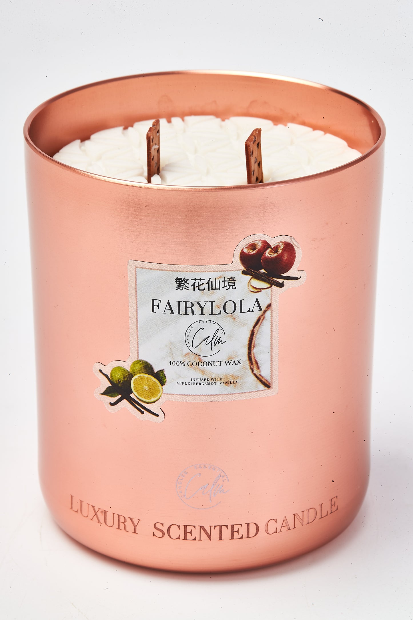 Calm Candles Essential – Fairylola Rose Gold Velvet Collection | Made with Premium Coconut Wax & Cherry Wooden Wick