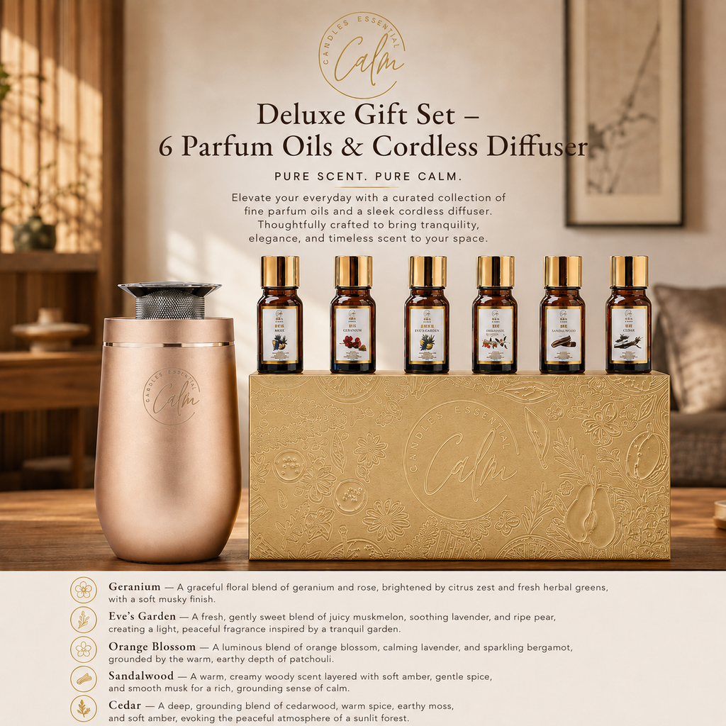 Calm Candles Essential Set – Deluxe Gift – 6 Parfum Oils for Any Diffuser + Portable 10ml Award-Winner