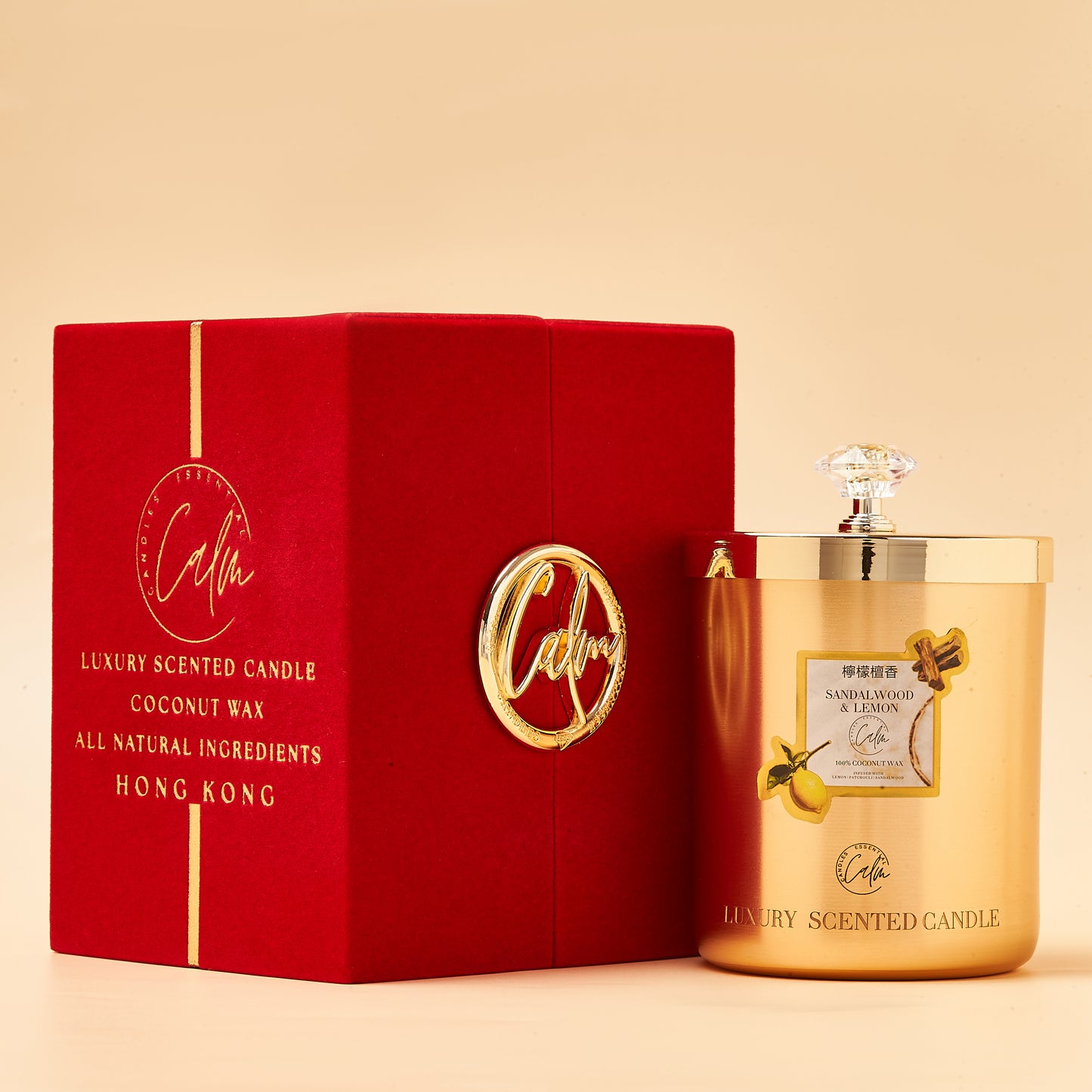 Calm Candles Essential – Sandalwood & Lemon Metal Gold Velvet Collection  | Made with Premium Coconut Wax & Cherry Wooden Wick