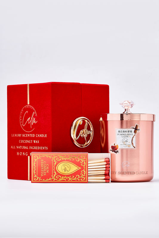 Calm Candles Essential – Pumpkin Spice Latte Rose Gold Velvet Collection | Made with Premium Coconut Wax & Cherry Wooden Wick