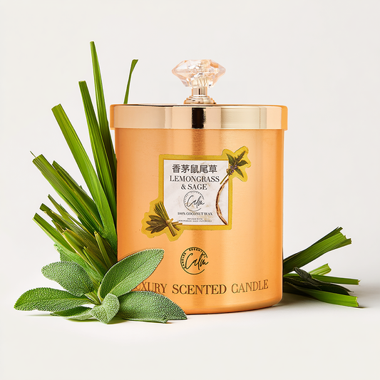 Calm Candles Essential – Lemongrass & Sage Gold Metal Velvet Collection | Made with Premium Coconut Wax & Cherry Wooden Wick