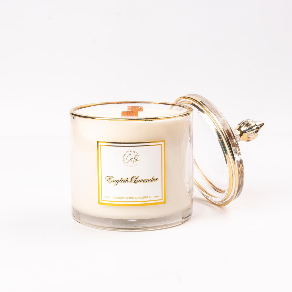Calm Candles Essential - English Lavender Wooden Wicks Candle, Infused with Sage, Lavender, Fougère and Amber Essential Oil, for relaxing and calming effect Luxury Scented Soy Wax Jar Candle | Hand Poured | Highly Scented Long Lasting (15oz/445ml- XLarge)