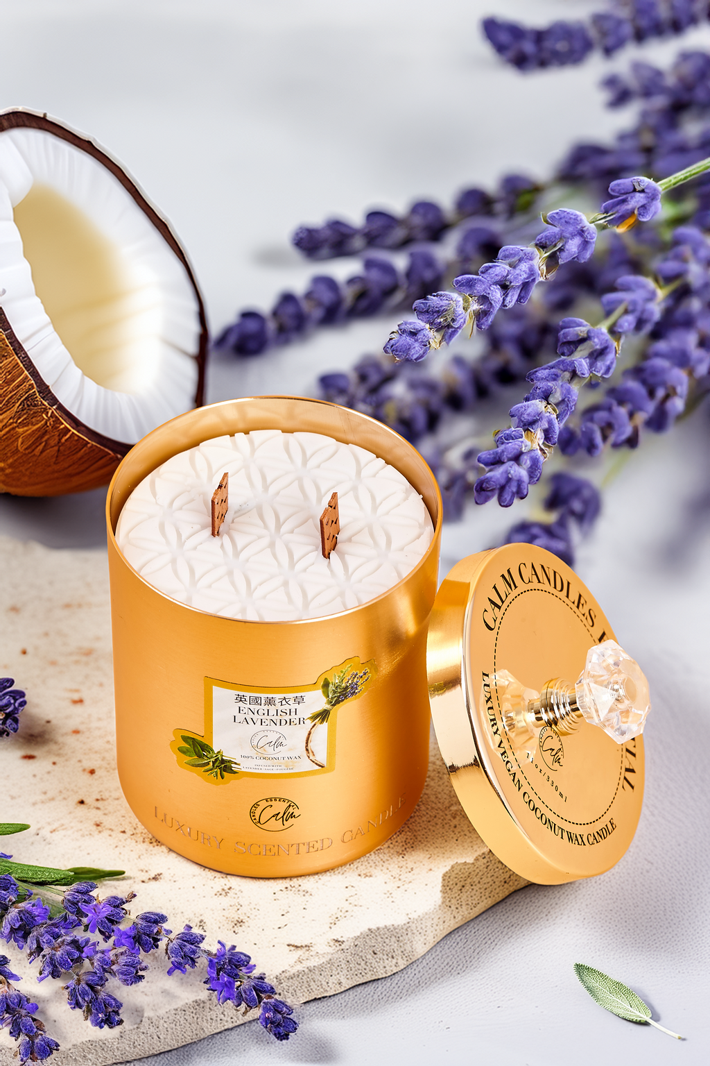English Lavender Gold Metal Candle Collection | Hergestellt mit hochwertigem Kokosnusswachs & Kirschholzdocht Bis zu 60+ Stunden Brenndauer - Calm Candles Essential