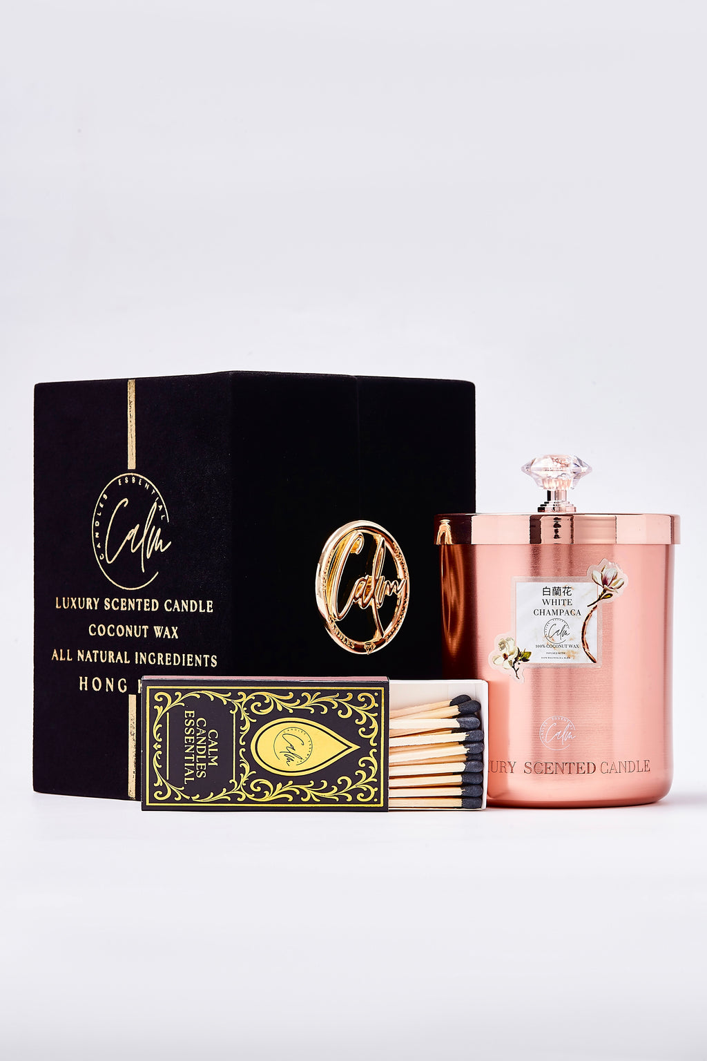 White Champaca Rose Gold Metallkerzen-Kollektion | Hergestellt mit hochwertigem Kokosnusswachs & Kirschholzdocht bis zu 60+ Stunden Brenndauer - Calm Candles Essential