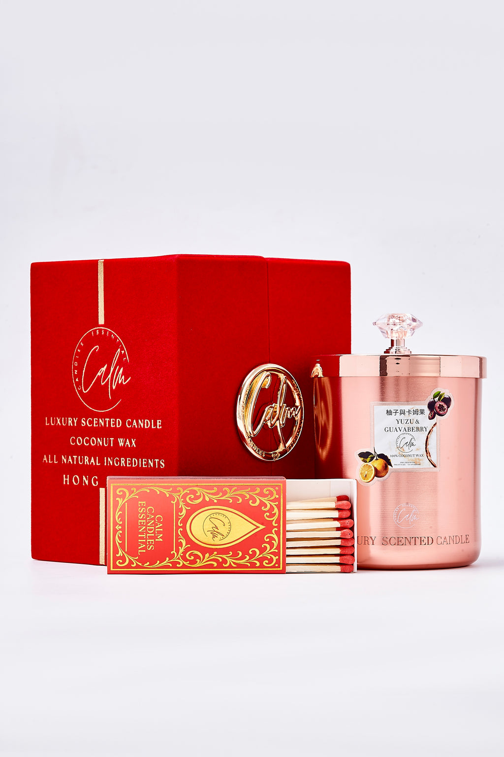 Yuzu & Guavaberry Rose Gold Metall Kerzen Kollektion | Hergestellt aus hochwertigem Kokoswachs & Kirschholzdocht für bis zu 60+ Stunden Brenndauer - Calm Candles Essential