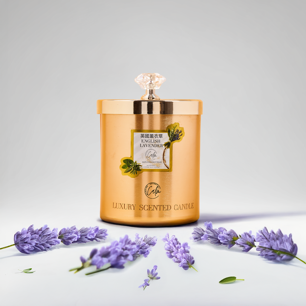 English Lavender Gold Metal Candle Collection | Hergestellt mit hochwertigem Kokosnusswachs & Kirschholzdocht Bis zu 60+ Stunden Brenndauer - Calm Candles Essential