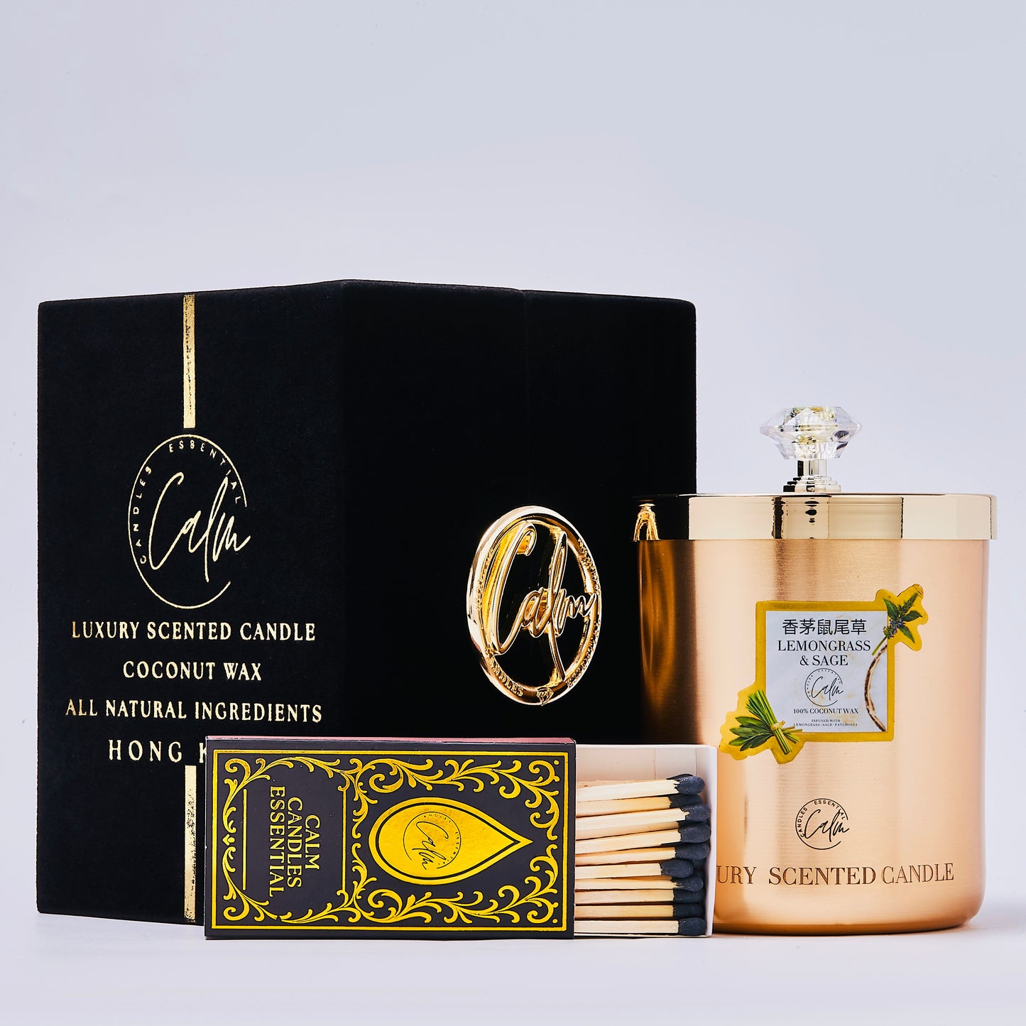 Calm Candles Essential – Lemongrass & Sage Gold Metal Velvet Collection | Made with Premium Coconut Wax & Cherry Wooden Wick