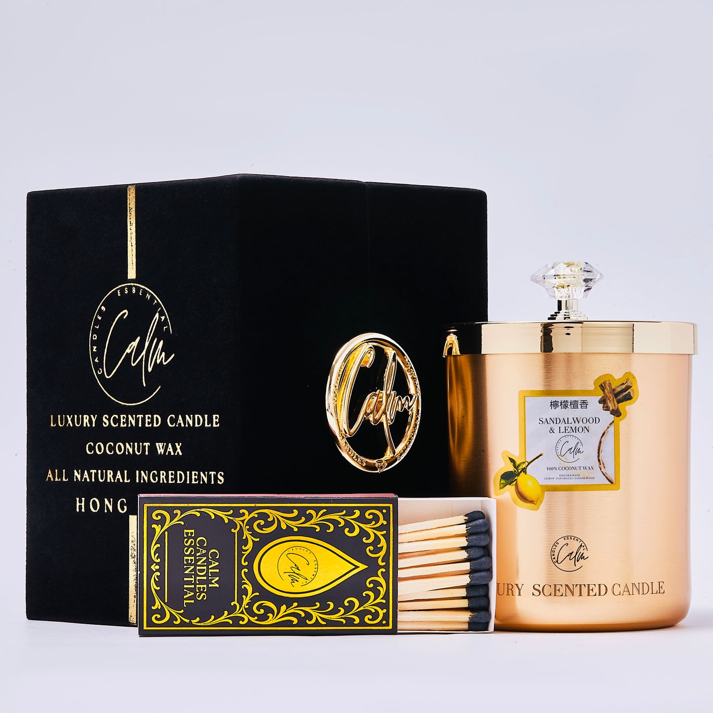 Calm Candles Essential – Sandalwood & Lemon Metal Gold Velvet Collection  | Made with Premium Coconut Wax & Cherry Wooden Wick