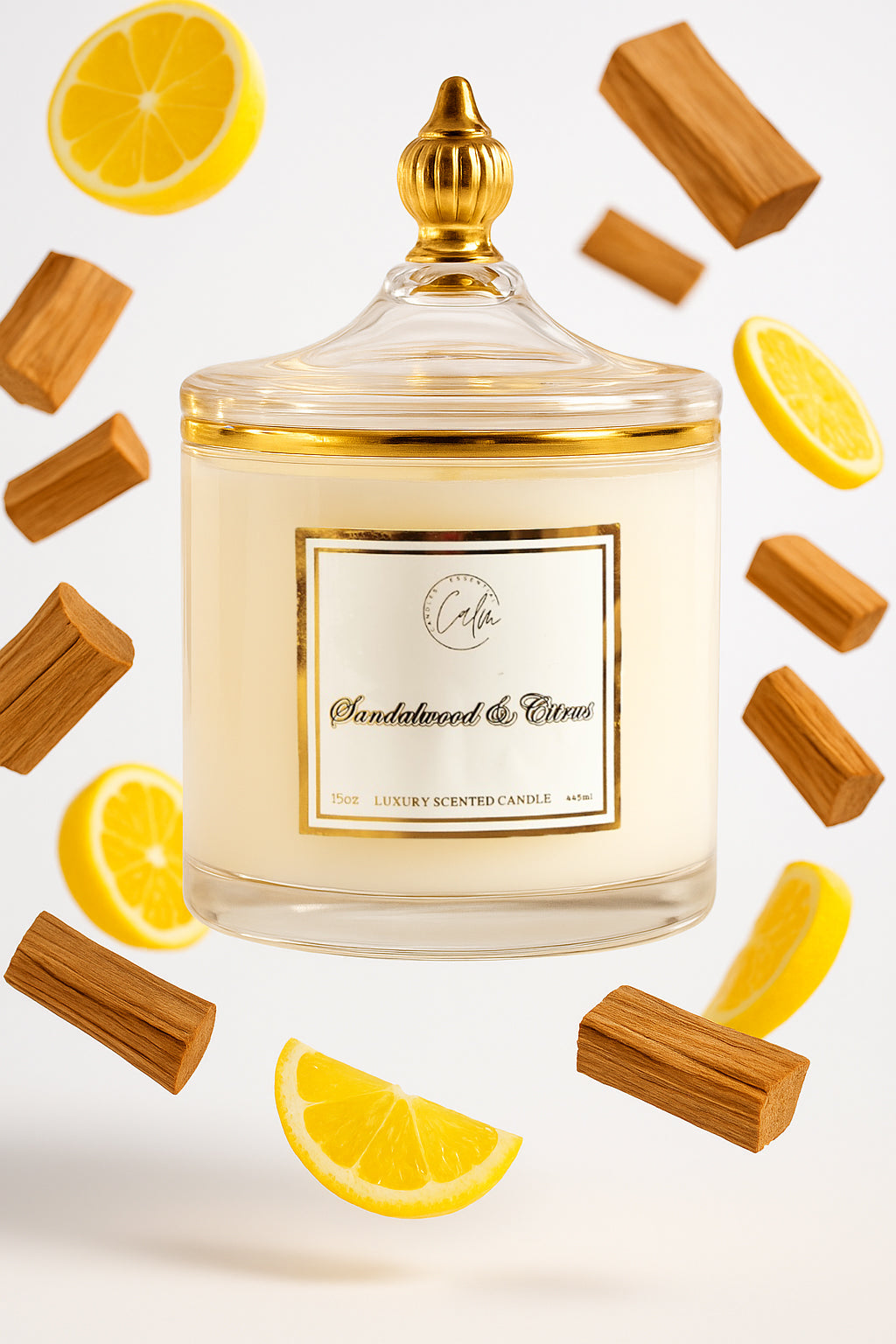 Calm Candles Essential – Sandelholz & Zitrus für ein erdendes und beruhigendes Gefühl, Holzdocht-Kerze | Luxuriöse Duft-Sojakerze im Glas | Handgegossen | Stark duftend langanhaltend (445 ml – XLarge)