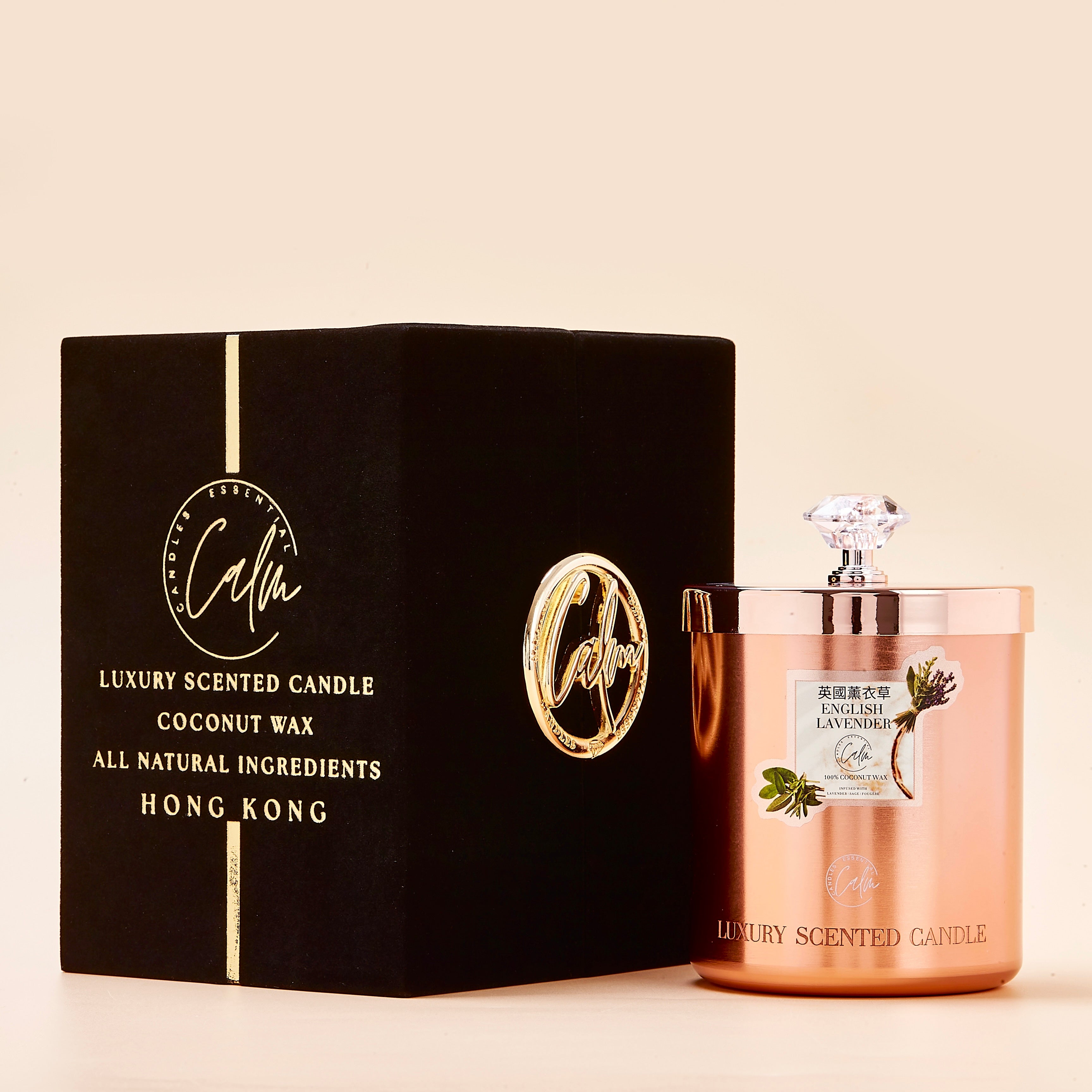 Englische Lavendel Roségold Metall Kerzenkollektion | Hergestellt mit Premium-Kokoswachs & Kirschholzdocht bis zu 60+ Stunden Brenndauer – Ruhige Kerzen Essentiell
