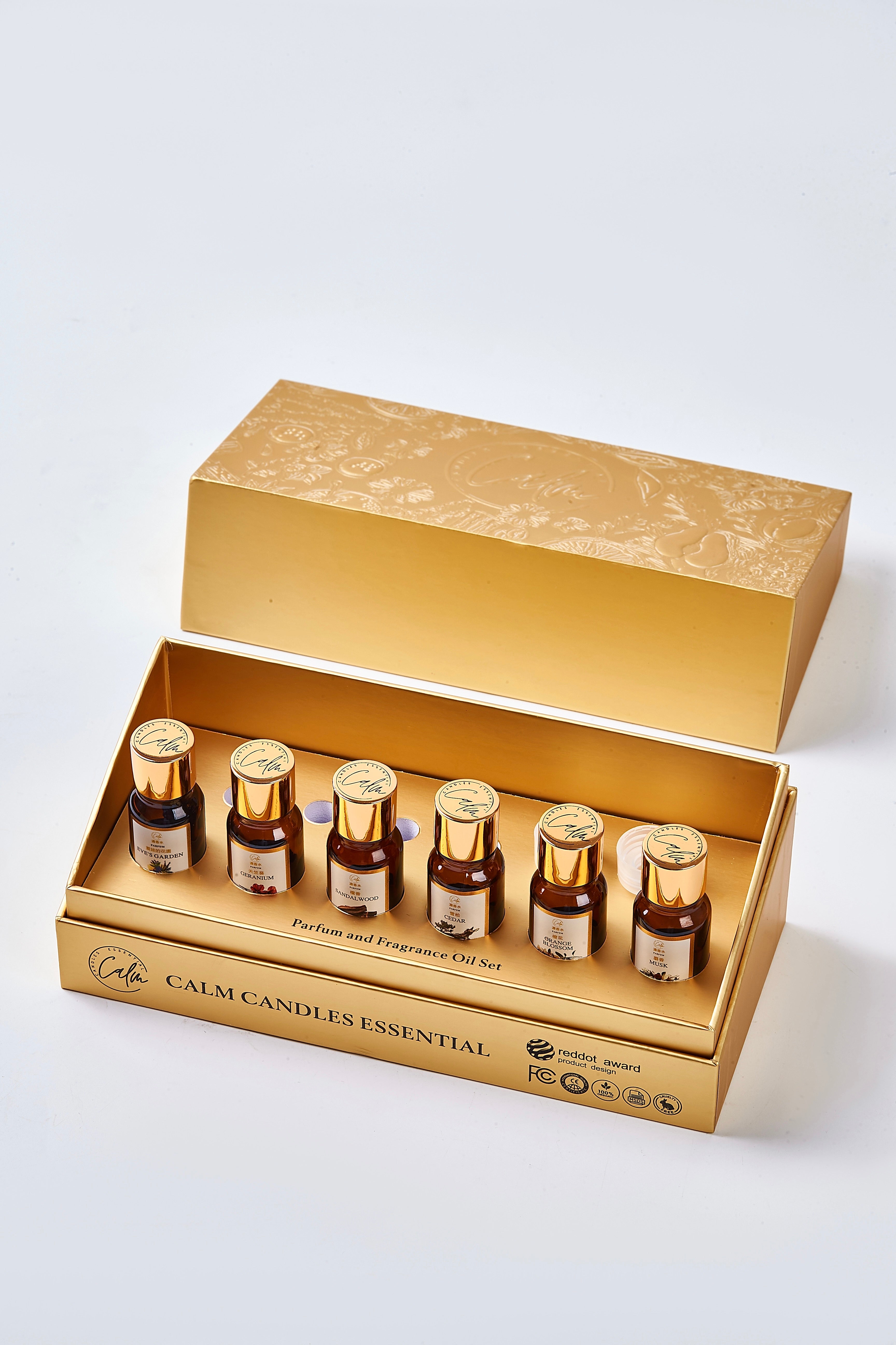 Calm Candles Essential Set – Deluxe Geschenk – 6 Parfumöle für jeden Diffusor + tragbares 10ml Gewinner-Parfumöl