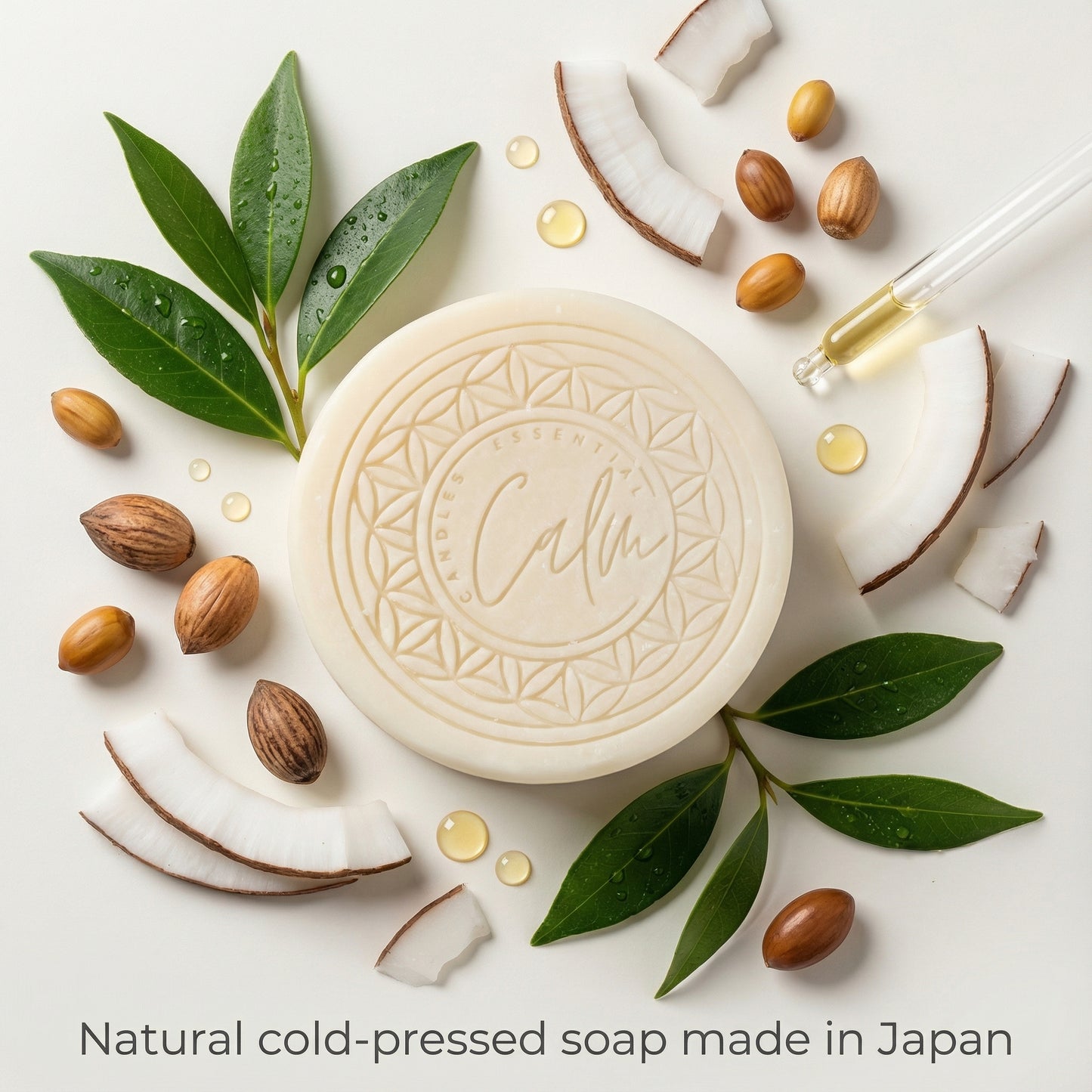 Calm Candles Essential Tea Tree & Jojoba Cold-Pressed Soap, 150 g, Solid Face & Body Bar, Clarifying + Moisture-Balancing, With Tea Tree Leaf Oils, Jojoba Seed Oil, Coconut Oil & Palm Oil Extracts, Made in Japan