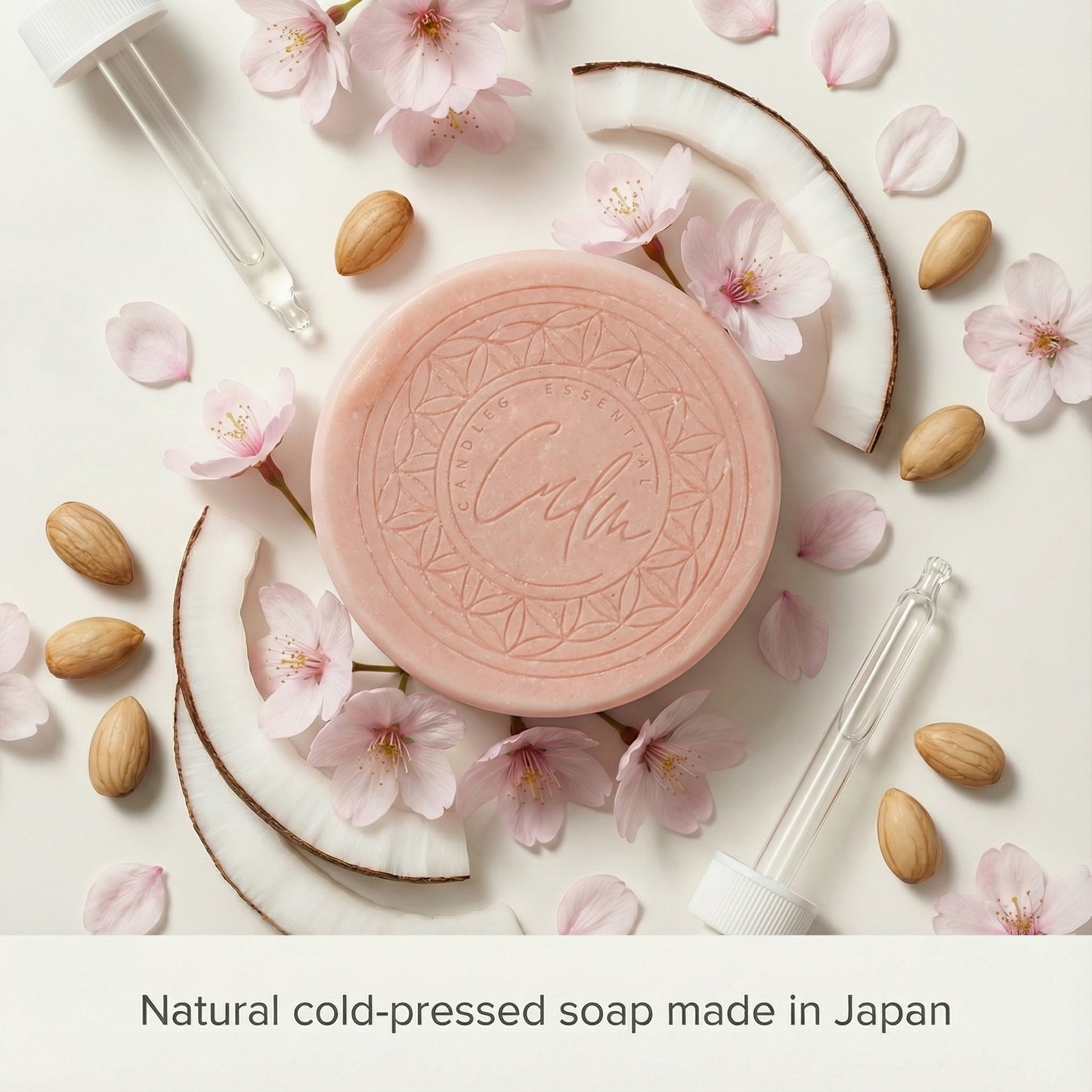 Calm Candles Essential Sakura (Cherry Leaf) Soap Bar, 150 g, Solid Face & Body Cleanser, Kaolin Clay Purifying Care, With Butylene Glycol + Prunus Yedoensis Extract, Coconut Oil & Palm Oil Base, Made in Japan