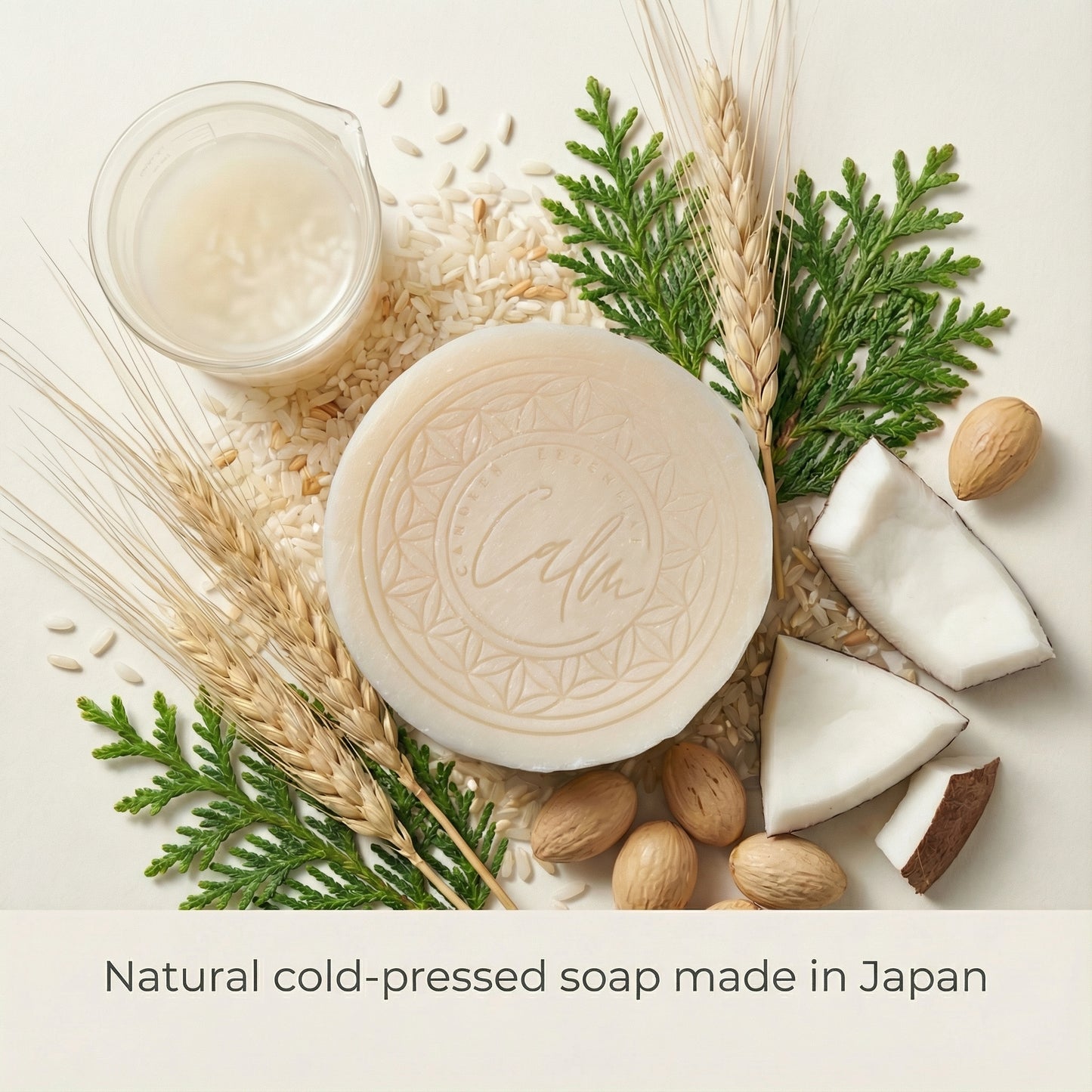 Calm Candles Essential Japanese Sake (Rice Ferment) Soap Bar, 150 g, Solid Face & Body Cleanser, With Rice Ferment Filtrate and Hinoki (Chamaecyparis Obtusa), Coconut Oil & Palm Oil Base, Made in Japan