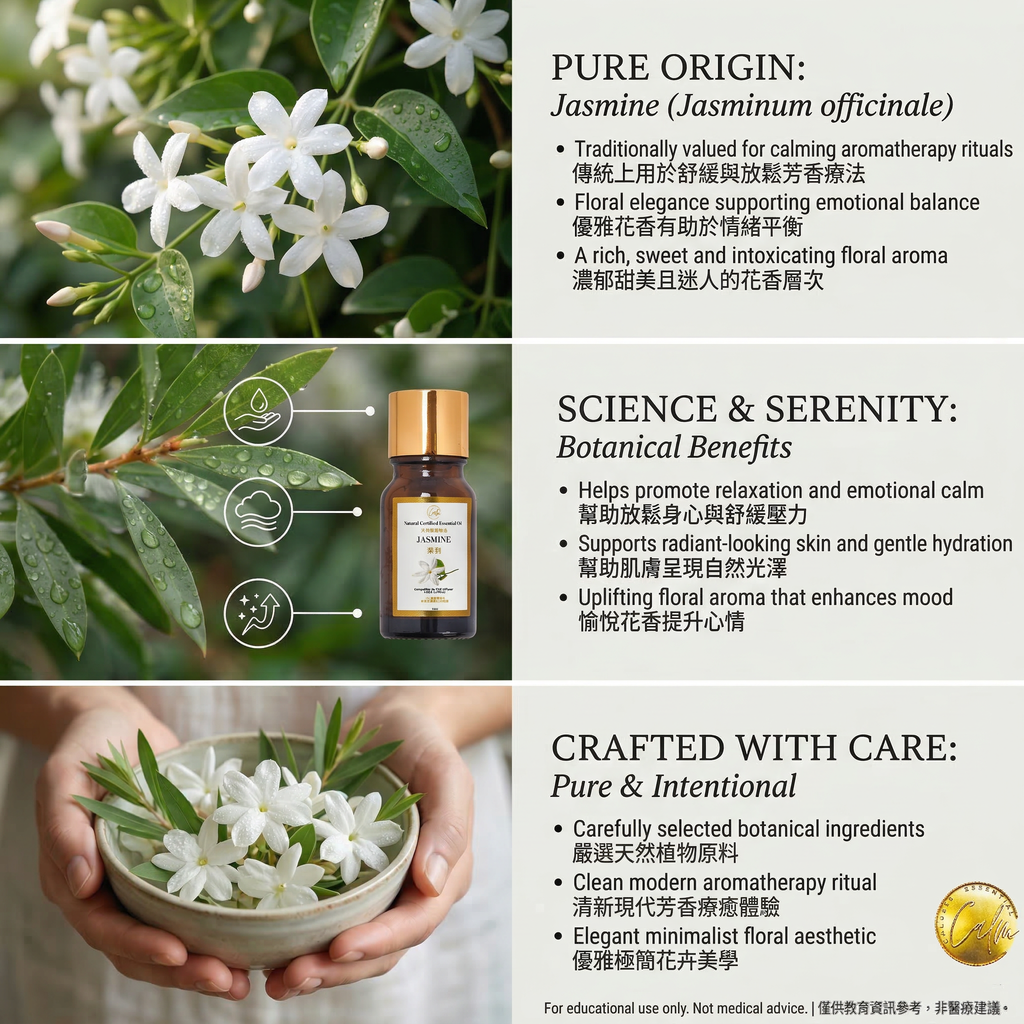 Calm Candles Essential – Jasmin zertifiziert biologisch, unverdünnt, natürliches ätherisches Öl – luxuriöse, romantische und stimmungsaufhellende Aromatherapie | Fördert Entspannung, emotionales Gleichgewicht & Hautpflege – 10ml