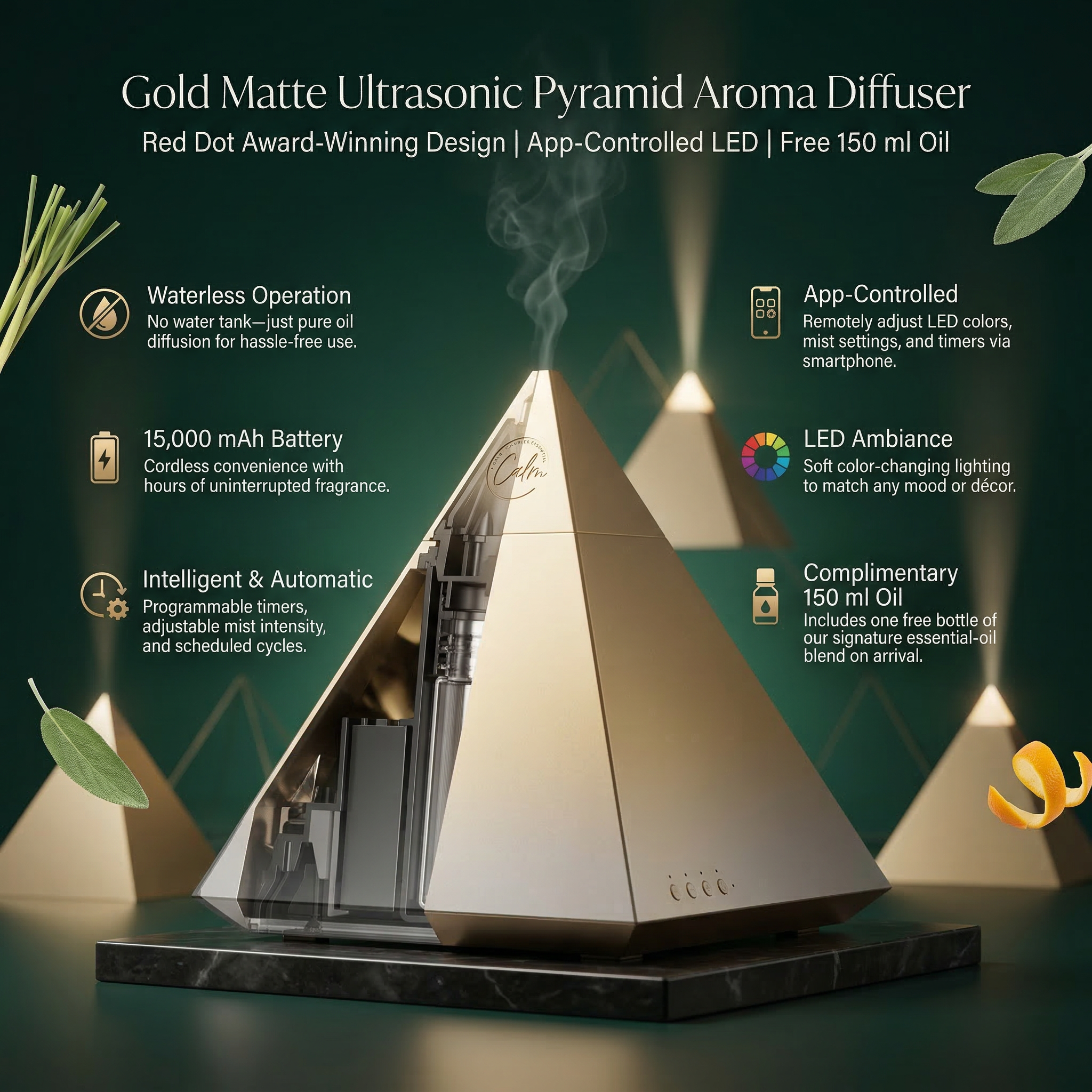 Goldmattes Ultraschall Pyramiden Aroma Diffuser ohne Wasser & Kabel – App-gesteuerte LED & Kostenloses 150 ml Öl (Type-C)
