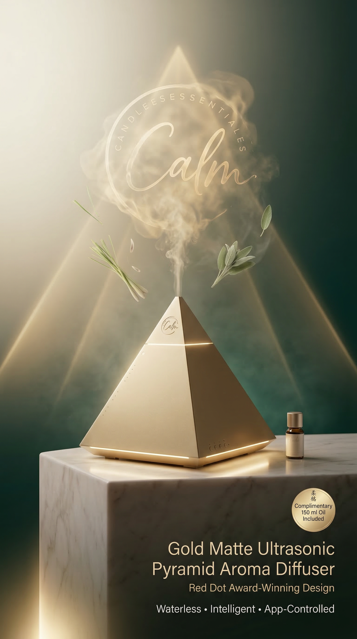 Gold Matte Ultrasonic Pyramid Aroma Diffuser – Red Dot Award-Winning Design | App-Controlled LED & Free 150 ml Oil