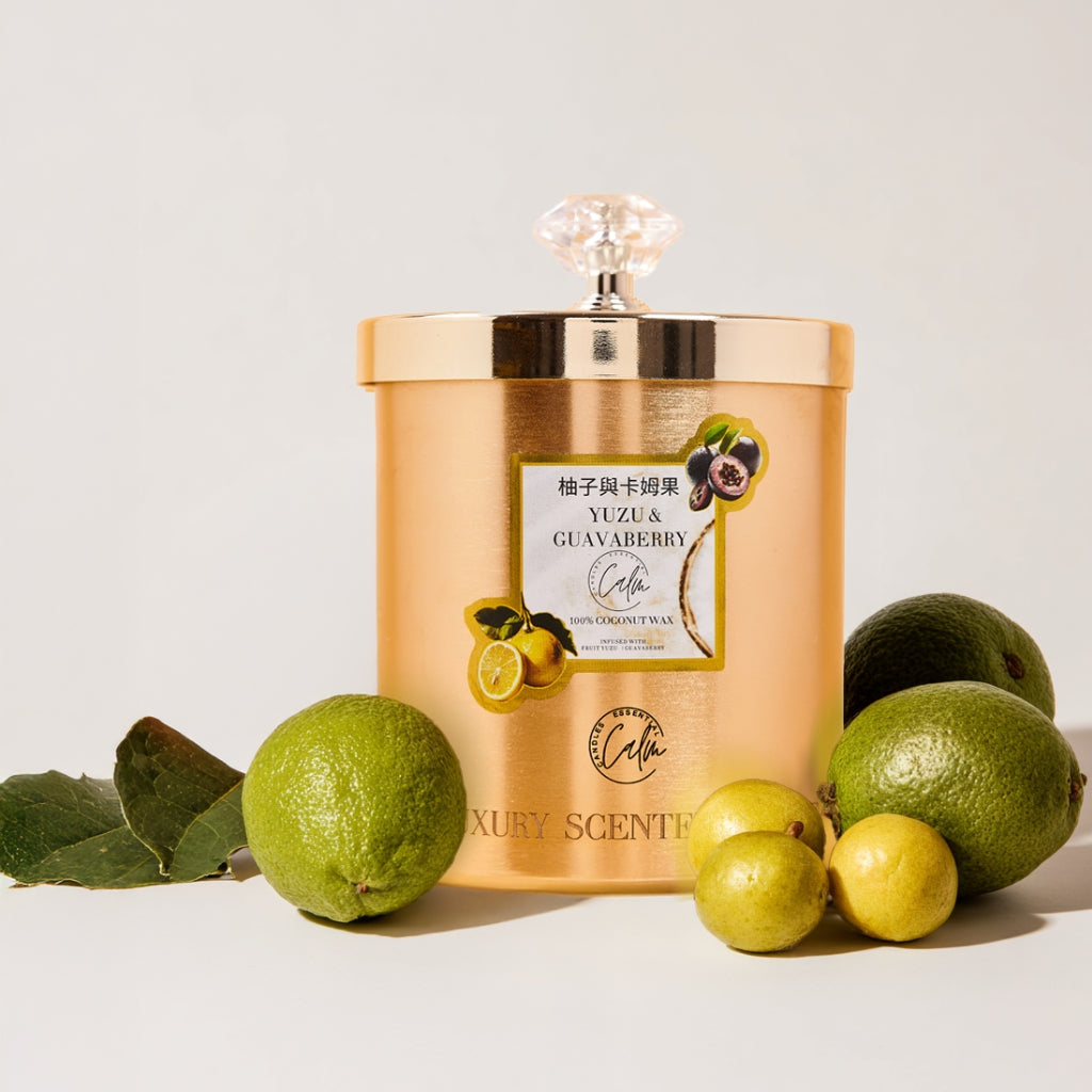 Yuzu & Guavaberry Gold Metal Candle Collection | Made with Premium Coconut Wax & Cherry Wooden Wick Up to 60+ hours burn - Calm Candles Essential