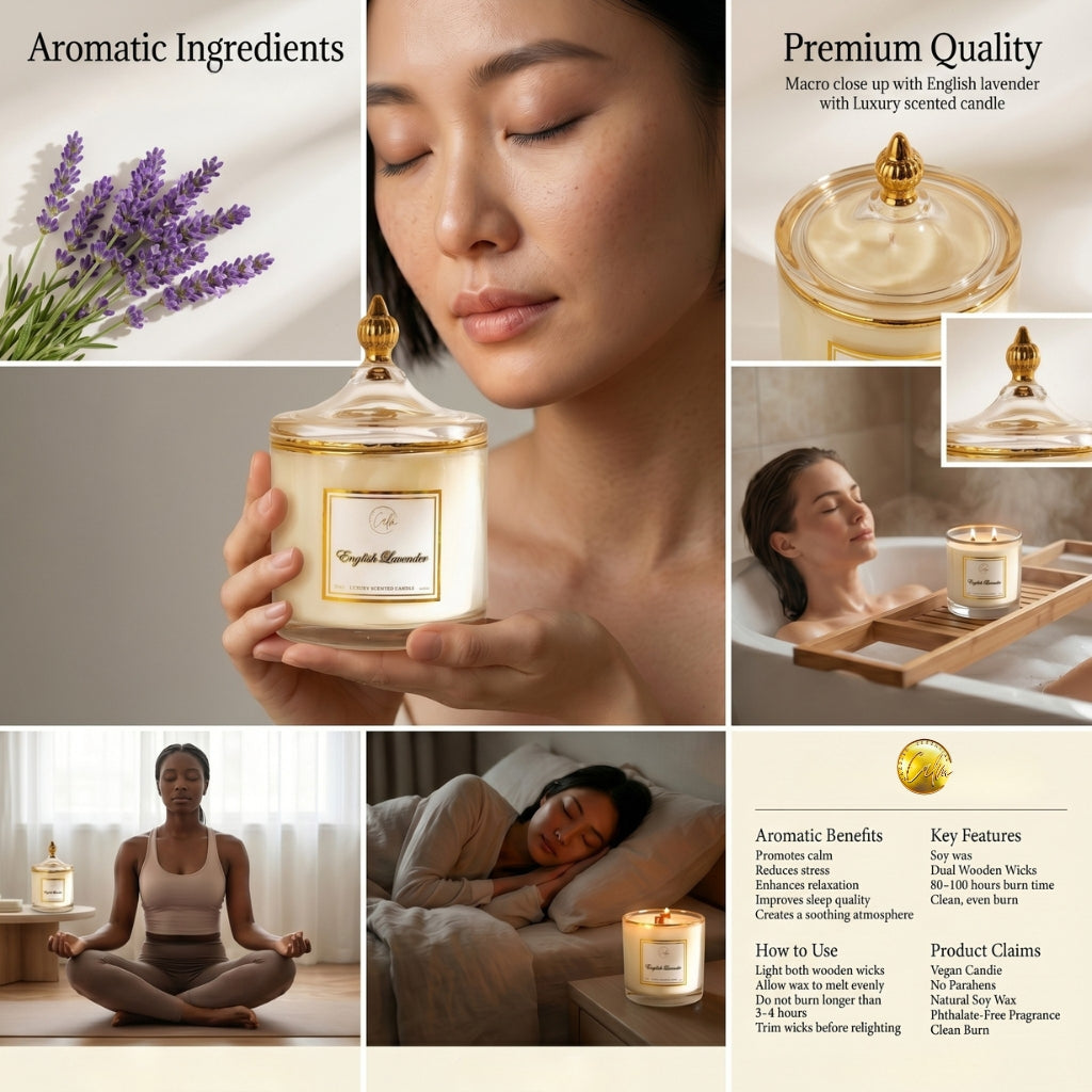 Calm Candles Essential - English Lavender Wooden Wicks Candle, Infused with Sage, Lavender, Fougère and Amber Essential Oil, for relaxing and calming effect Luxury Scented Soy Wax Jar Candle | Hand Poured | Highly Scented Long Lasting (15oz/445ml- XLarge)